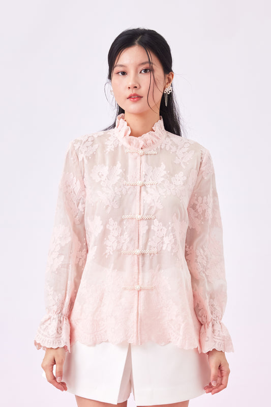 Gelilah Pink Lace Mandarin Collar Top