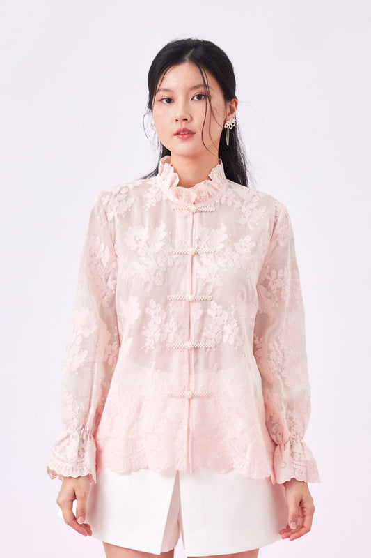 Gelilah Pink Lace Mandarin Collar Top - Nimisski