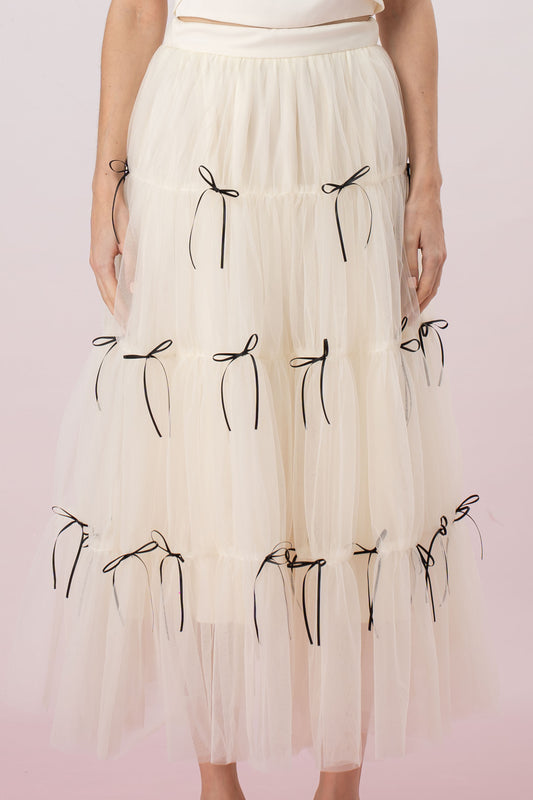Huguette Cream Mesh With Ribbon Skirt
