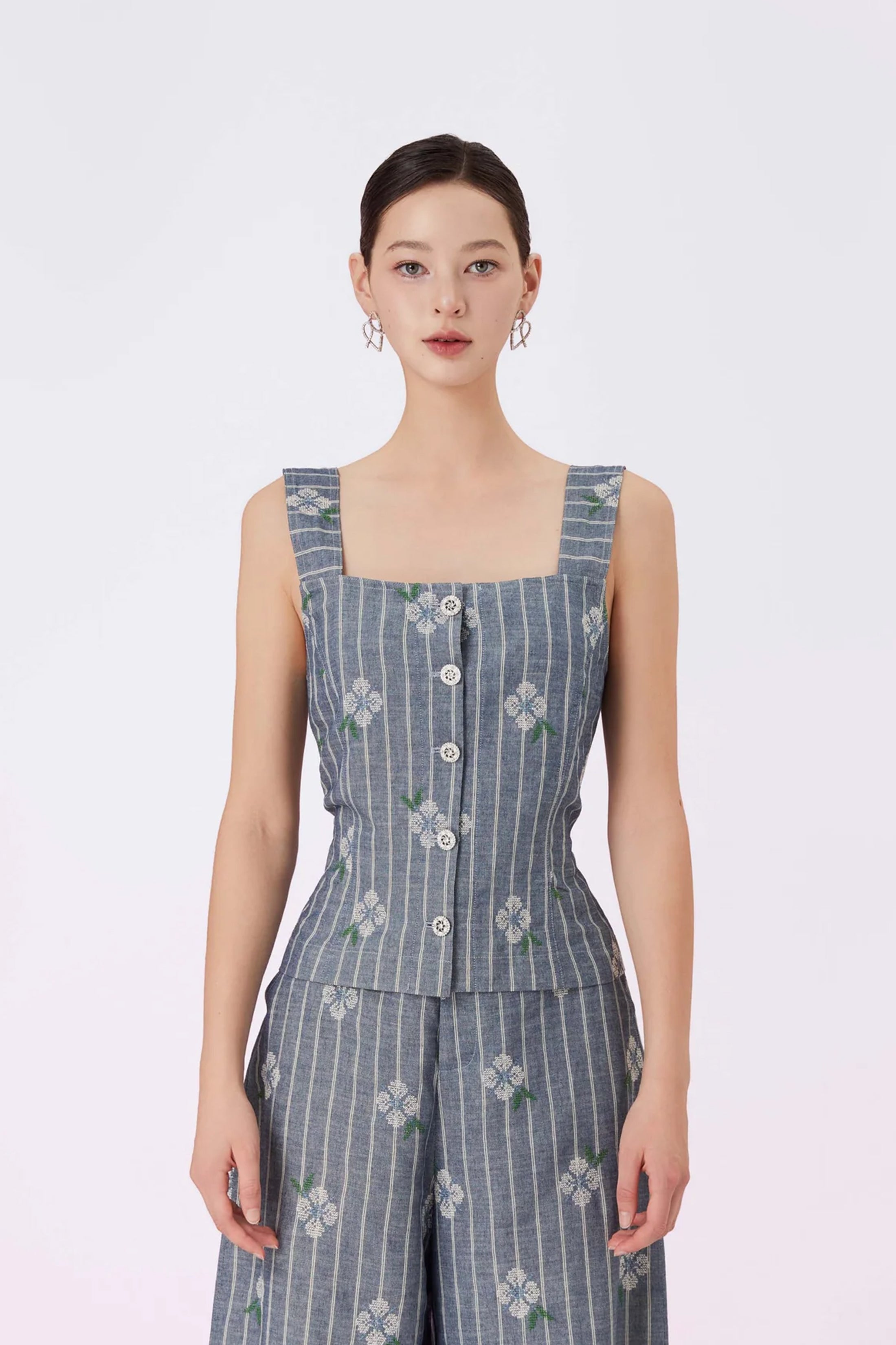 Geila White Emboss Blue Denim Strap Top