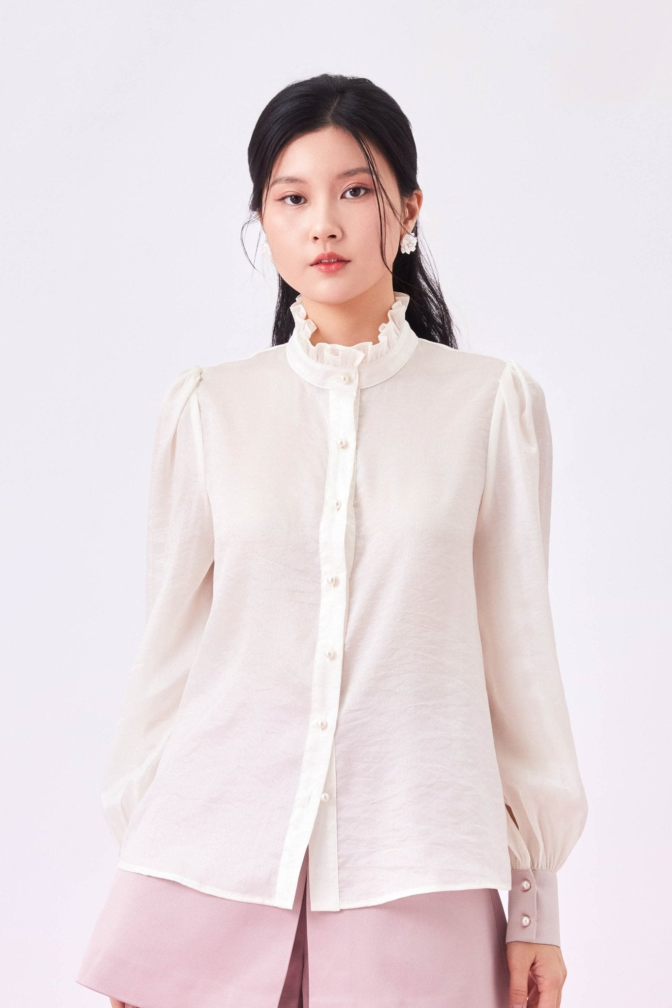 Gabrina Cream Ruffle Collar Long Sleeve Top - Nimisski