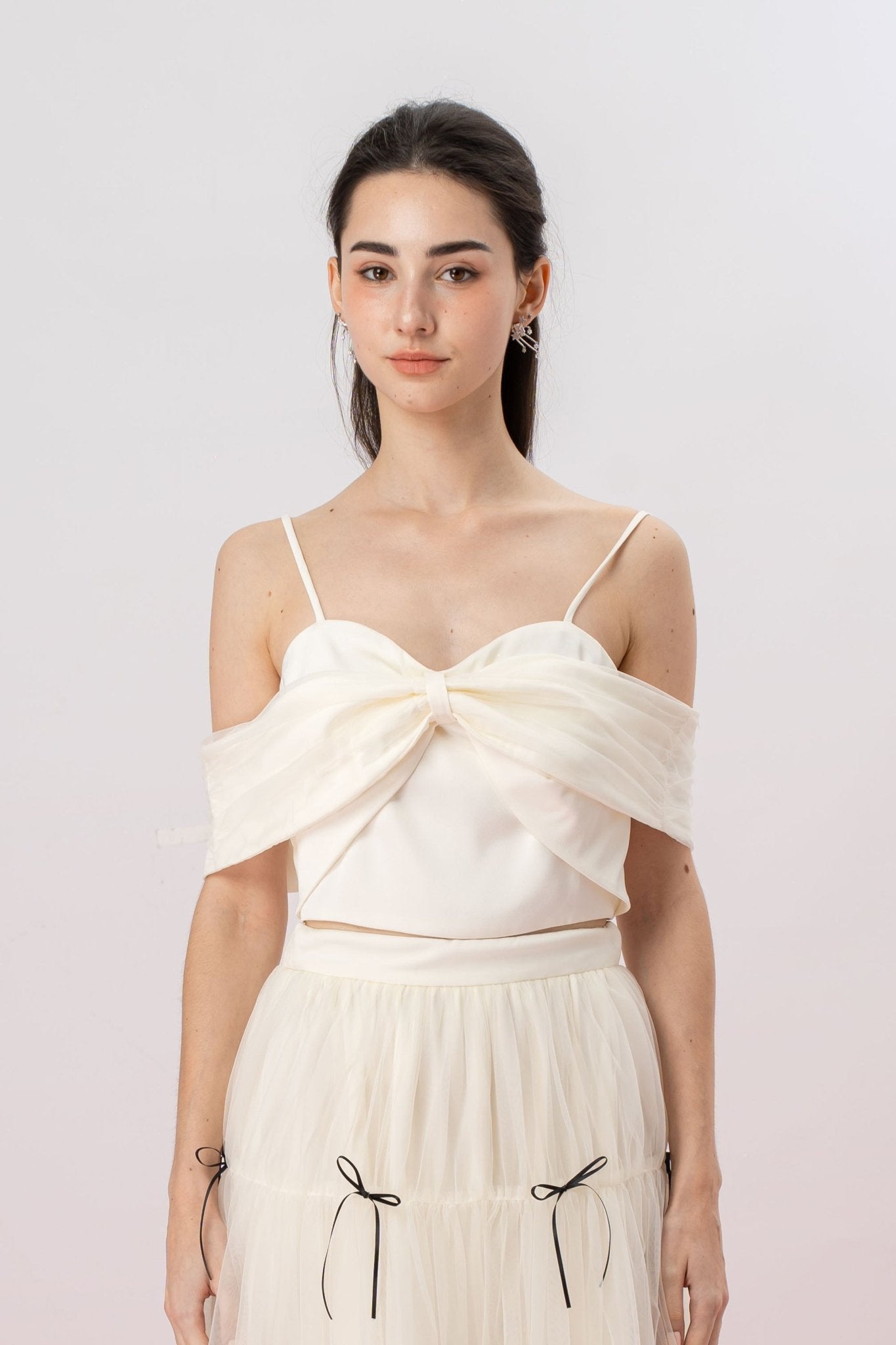 Huguette Cream Front Ribbon Strap Top - Nimisski