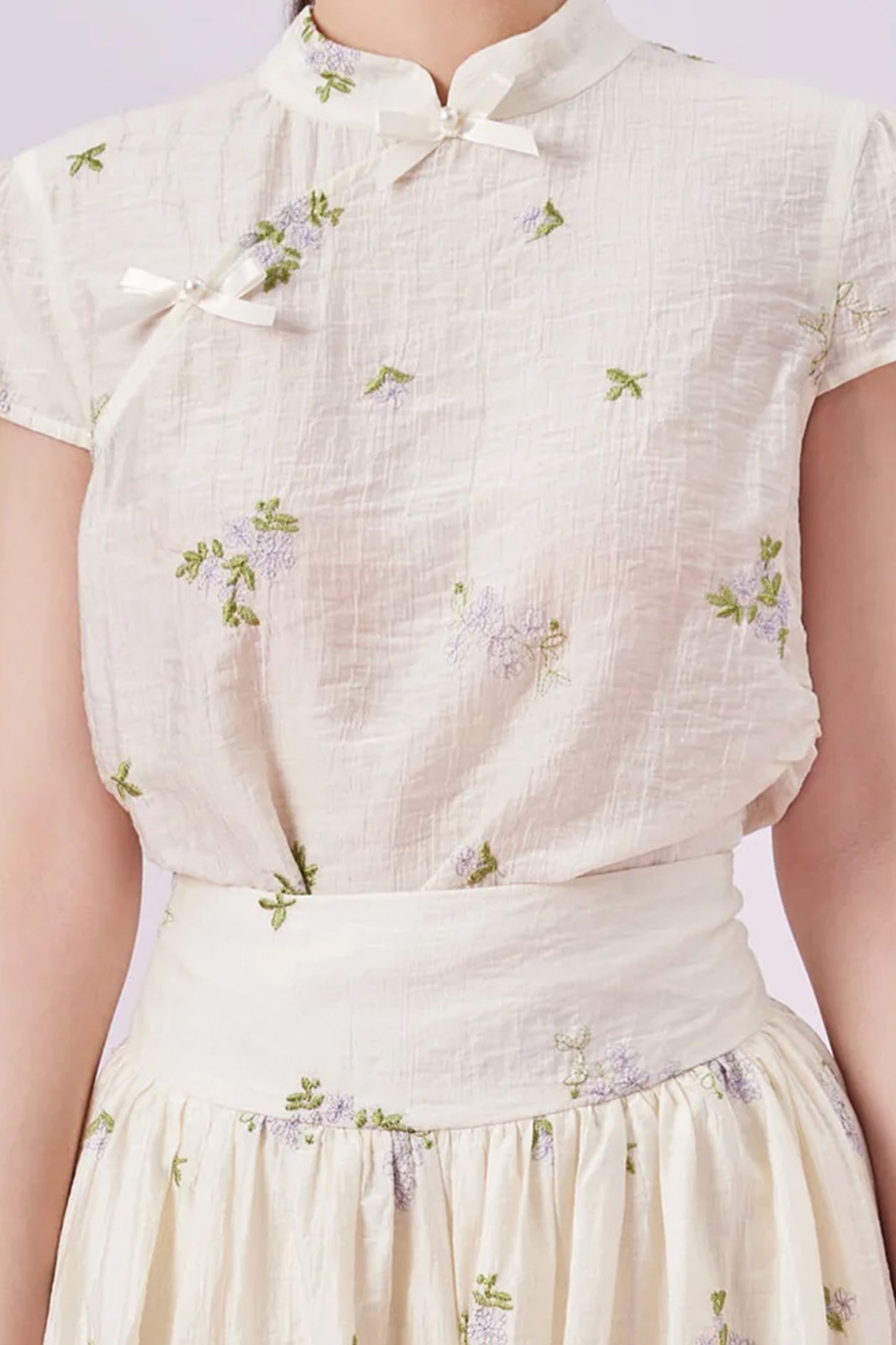 Giordana Purple Floral Emboss Cream Mandarin Collar Top