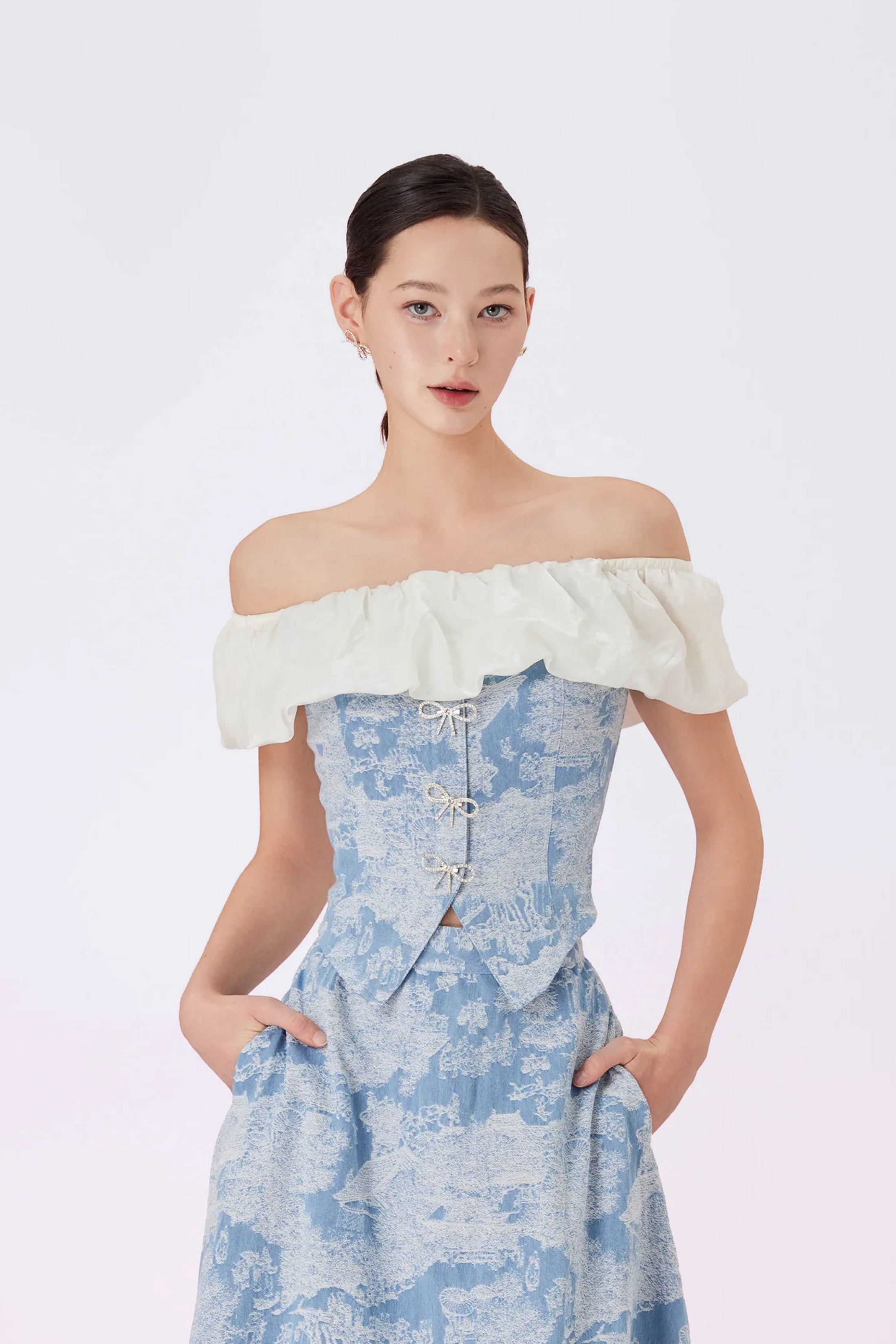 Geenya Blue Printed Denim Off-Shoulder Top