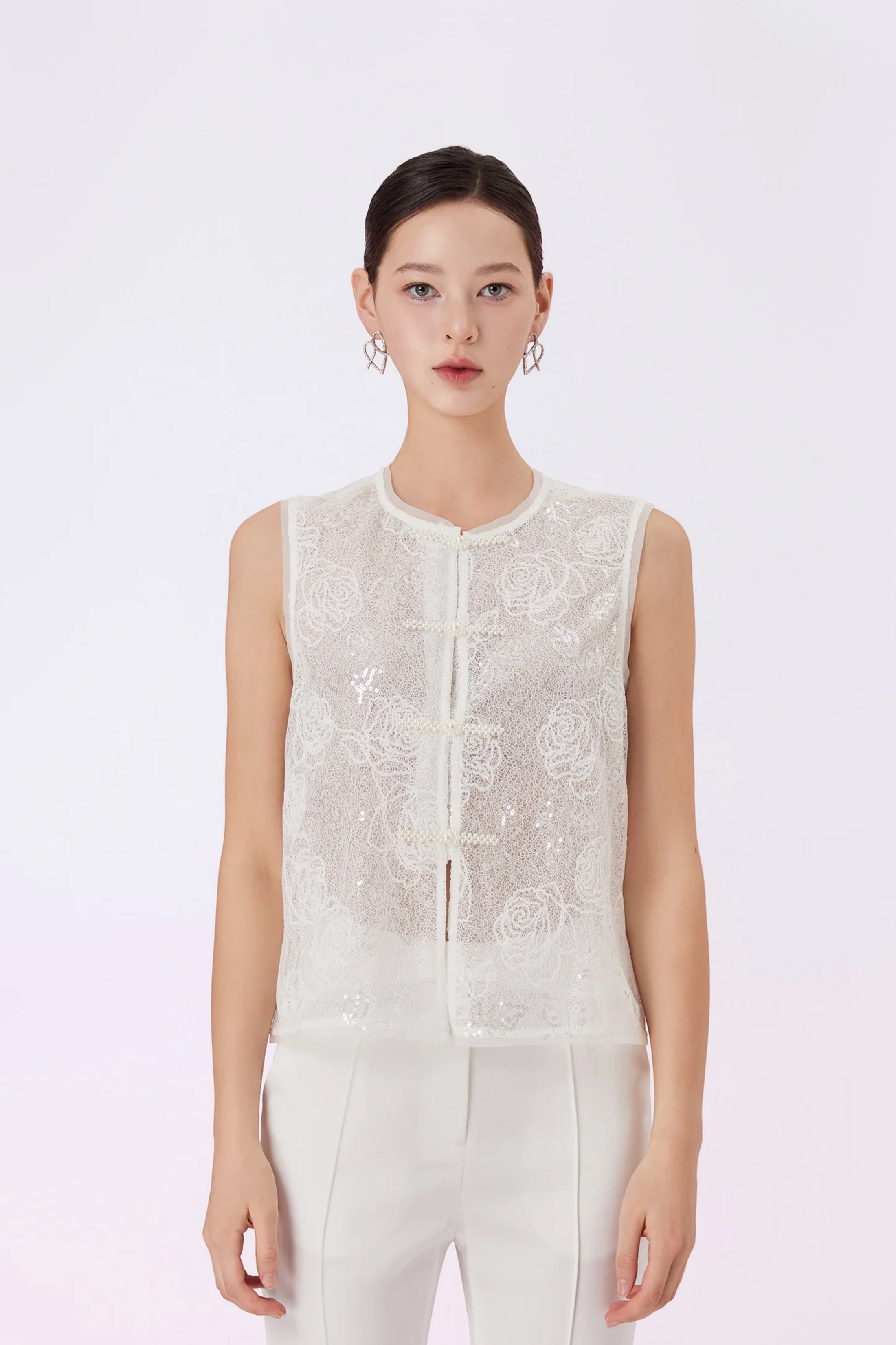 Gavi White Rose Lace Sleeveless Top