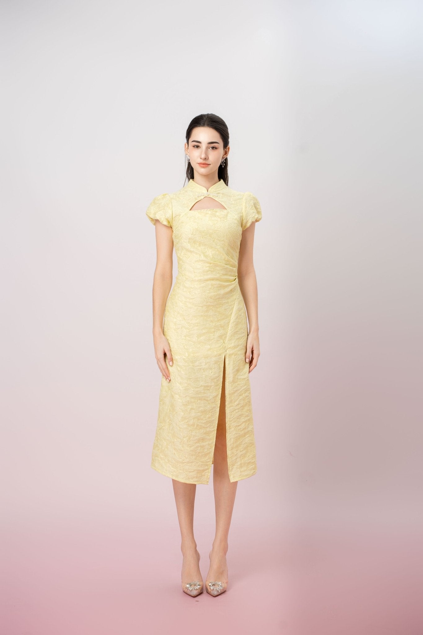 Jolietta Yellow Butterfly Cheongsam Dress - Nimisski