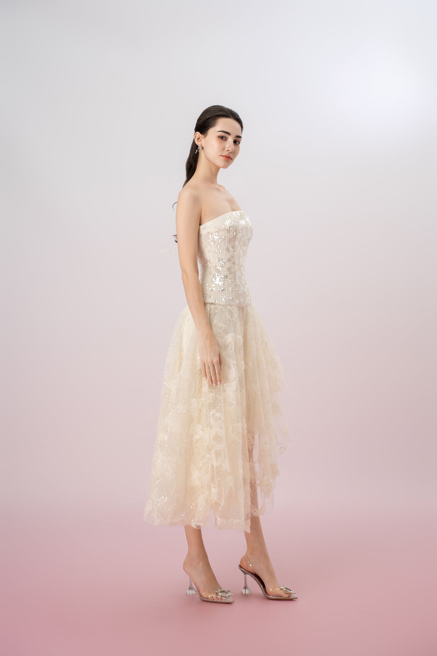 Heloise Cream Sequins And Mesh Asymmetrical Tube Dress