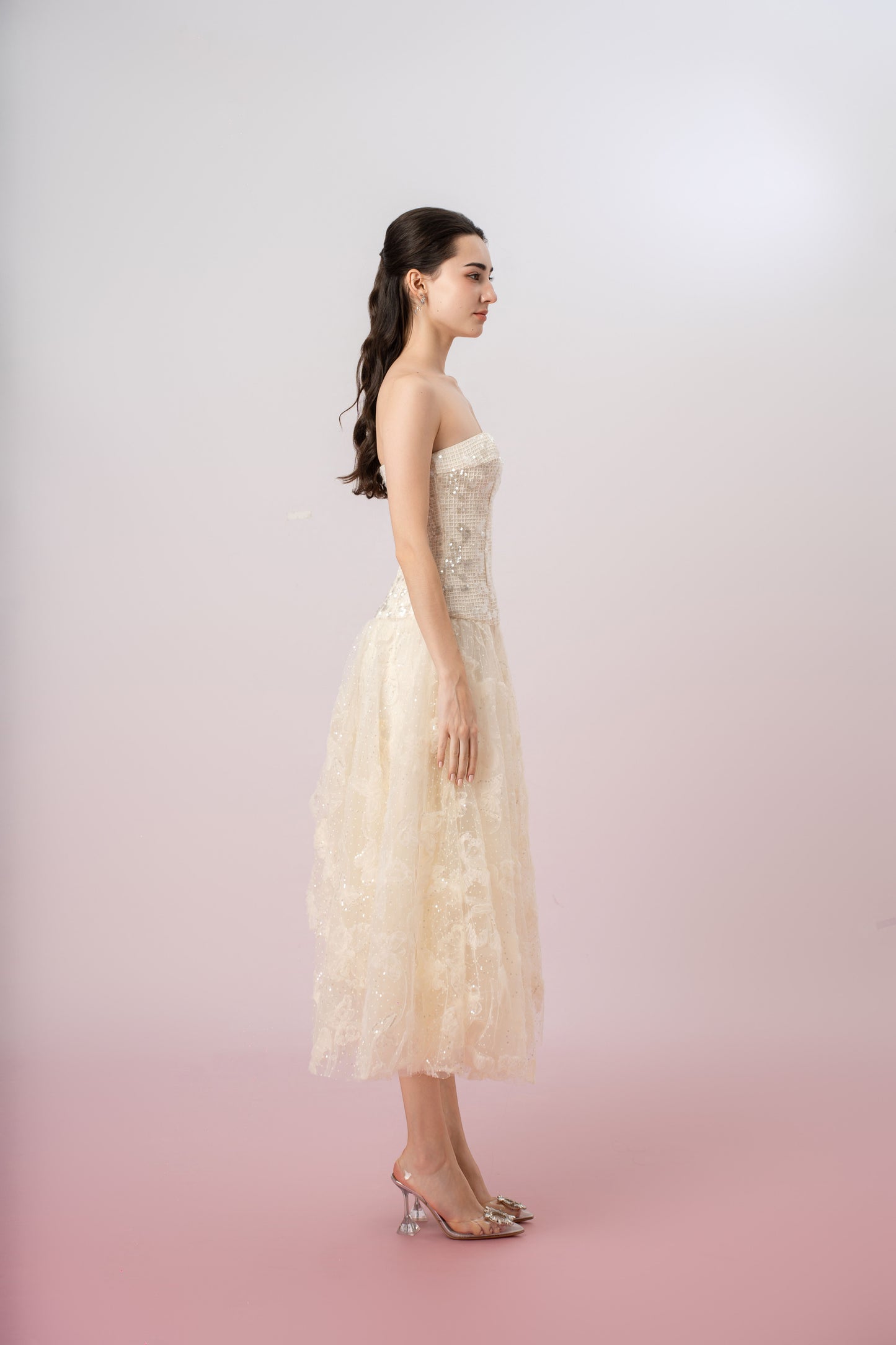 Heloise Cream Sequins And Mesh Asymmetrical Tube Dress