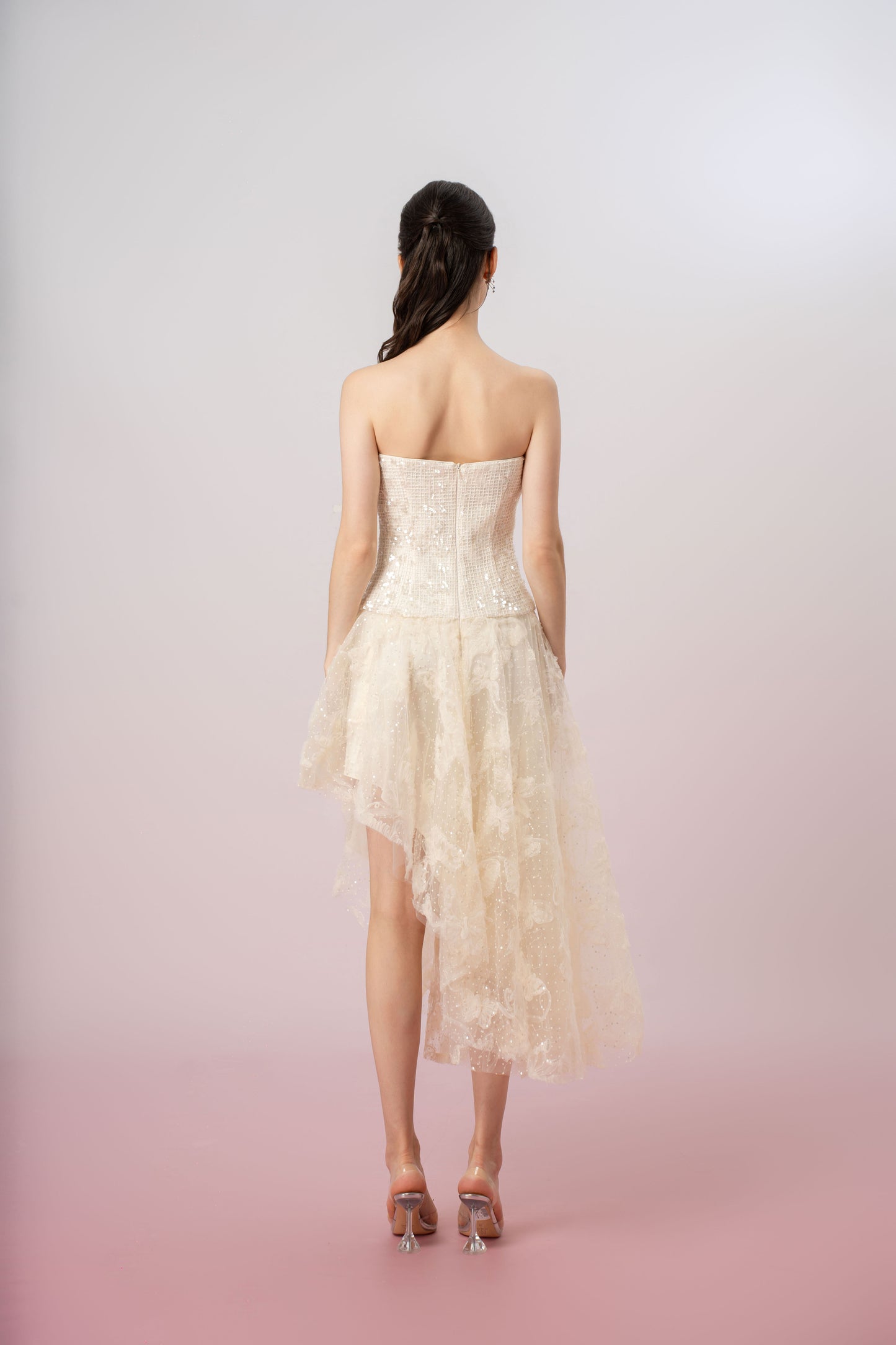 Heloise Cream Sequins And Mesh Asymmetrical Tube Dress