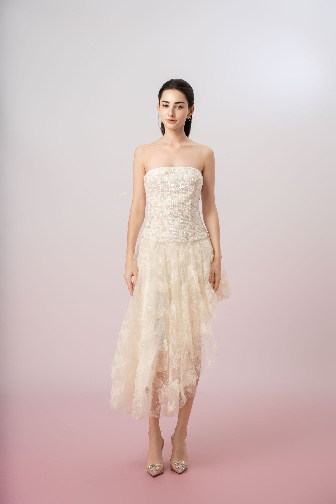 Heloise Cream Sequins And Mesh Asymmetrical Tube Dress - Nimisski