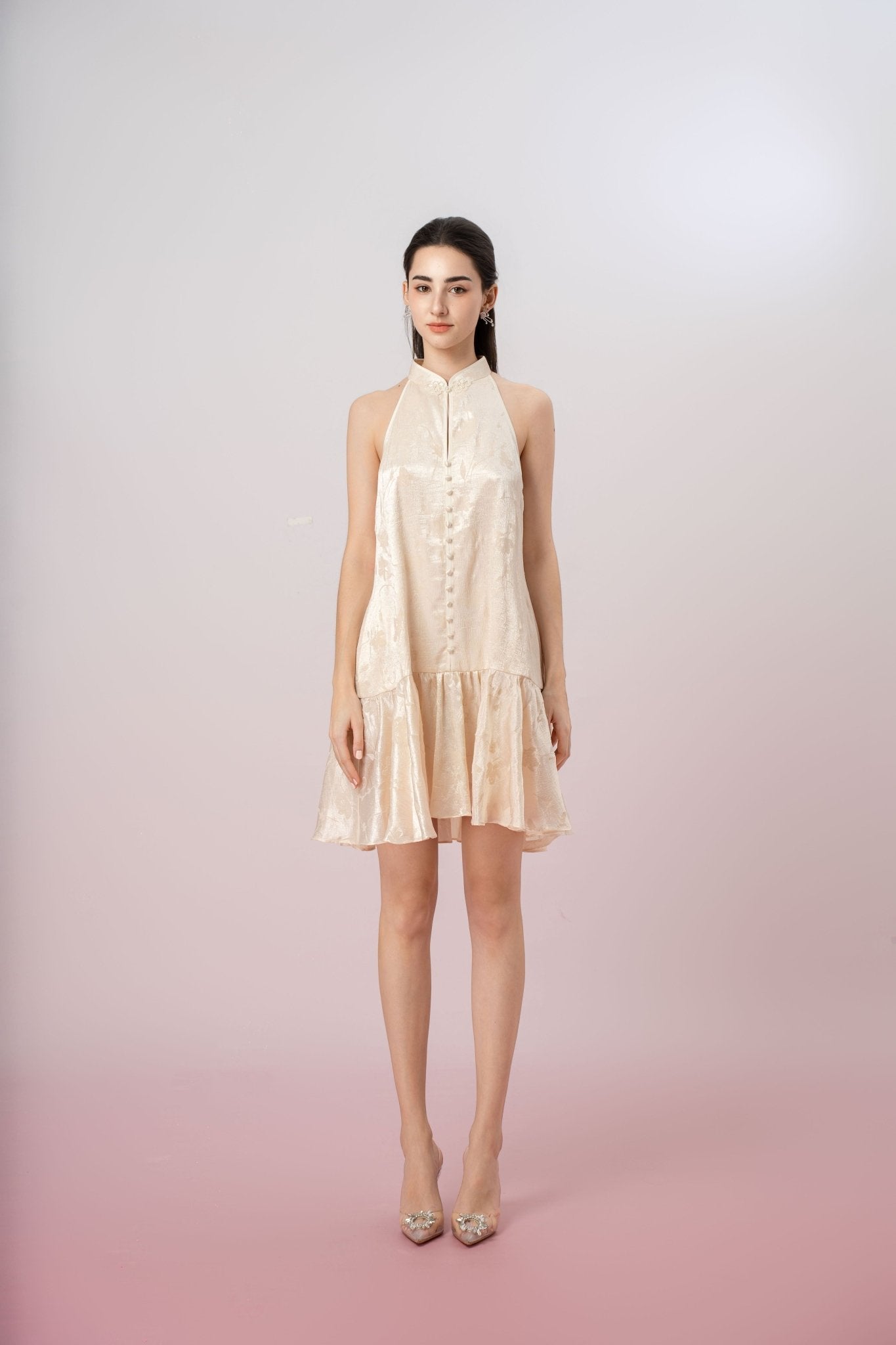 Janyne Cream Mandarin Collar Button Dress - Nimisski