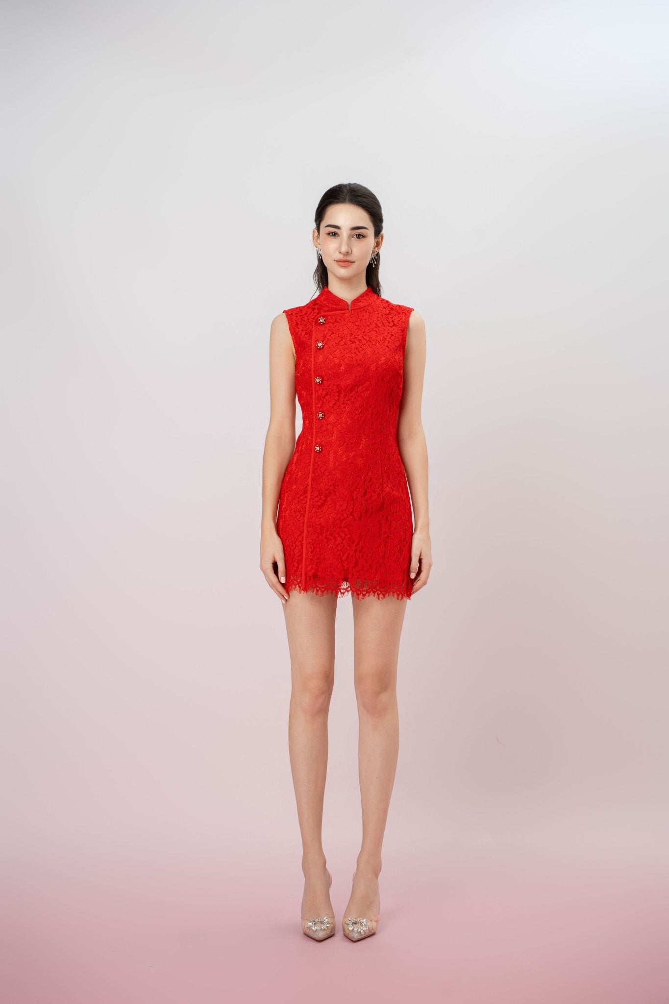 Jeanetta Red Lace Modern Cheongsam Dress - Nimisski