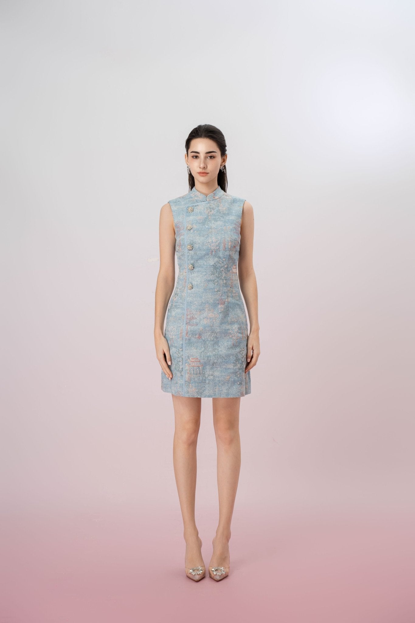 Jeanetta Blue Denim Modern Cheongsam Dress - Nimisski