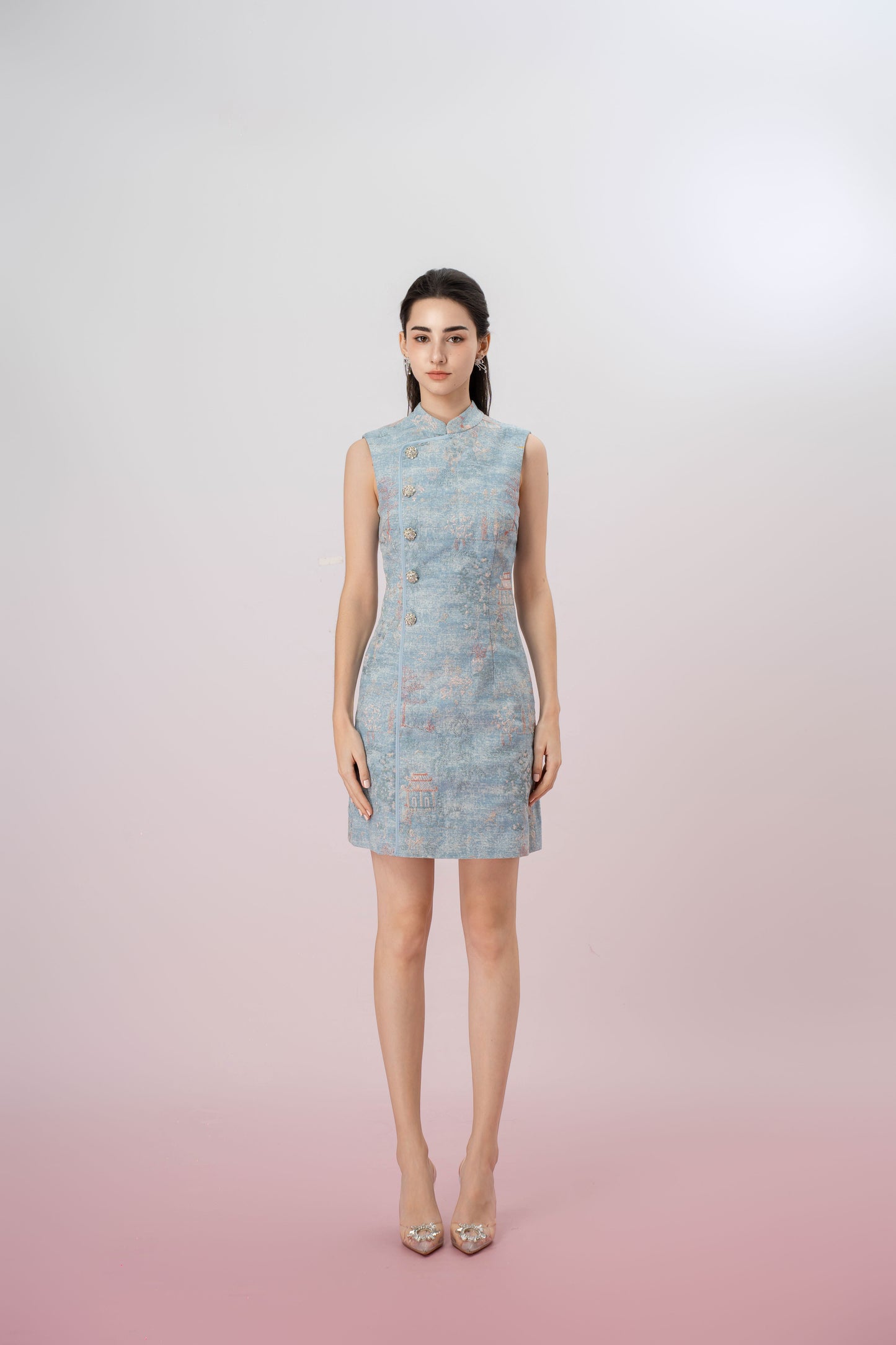 Jeanetta Blue Denim Modern Cheongsam Dress