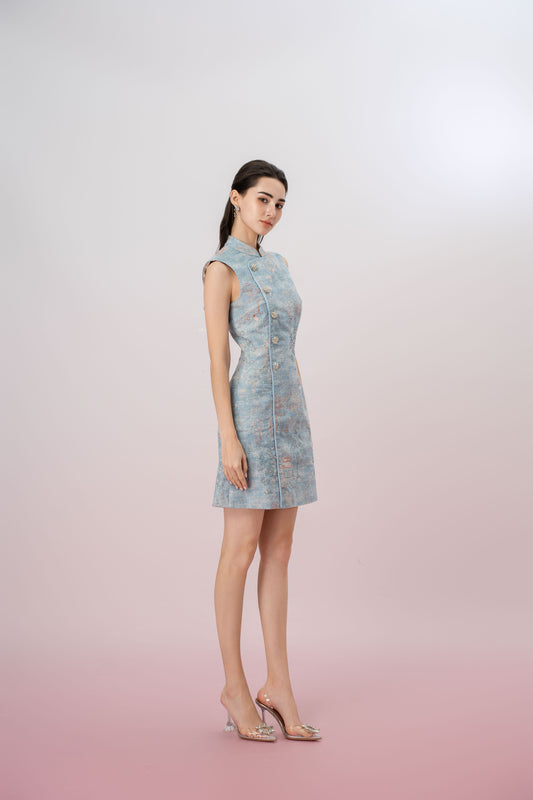 Jeanetta Blue Denim Modern Cheongsam Dress