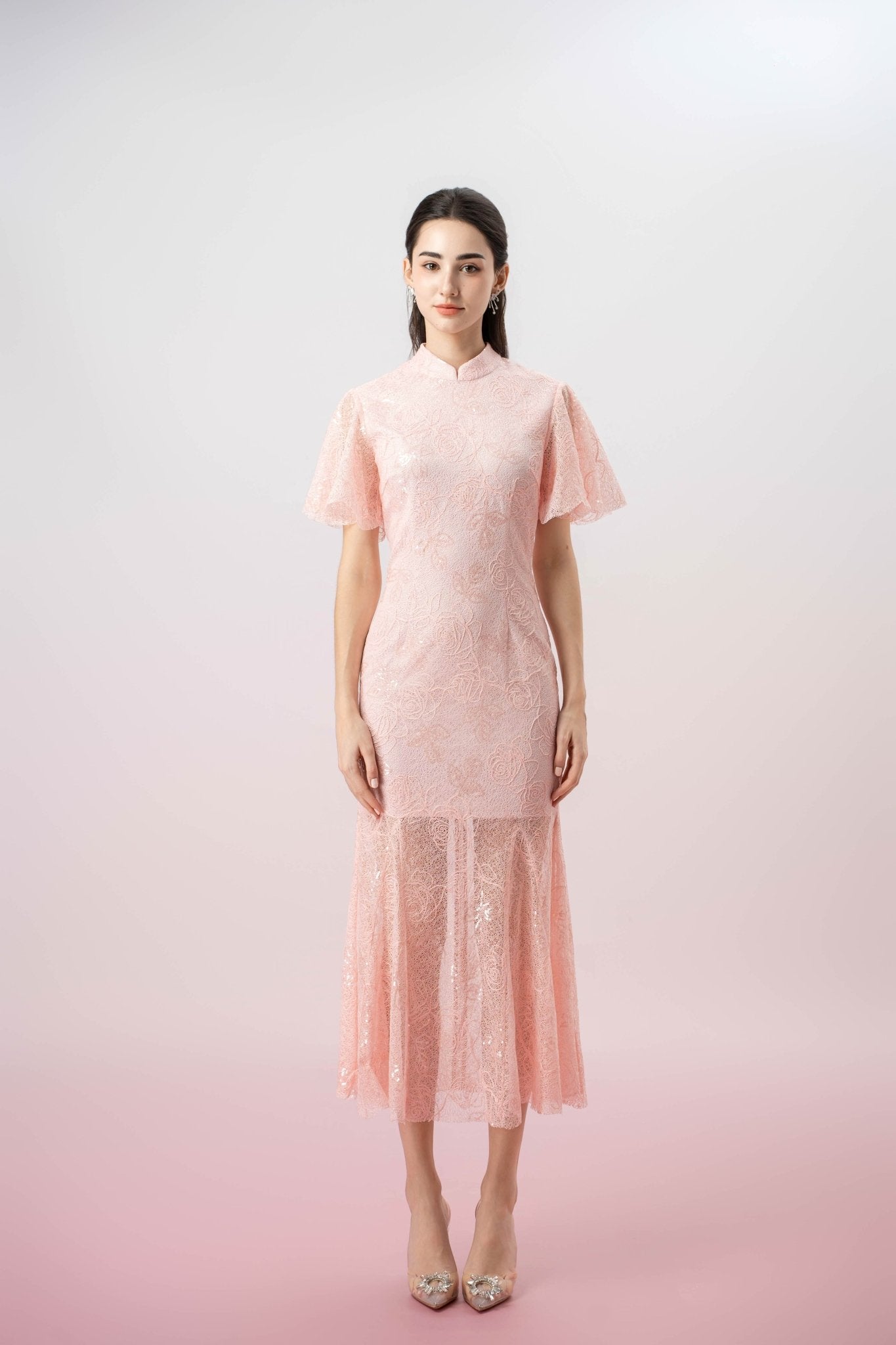 Jenavieve Pink Rose Lace Mermaid Dress - Nimisski