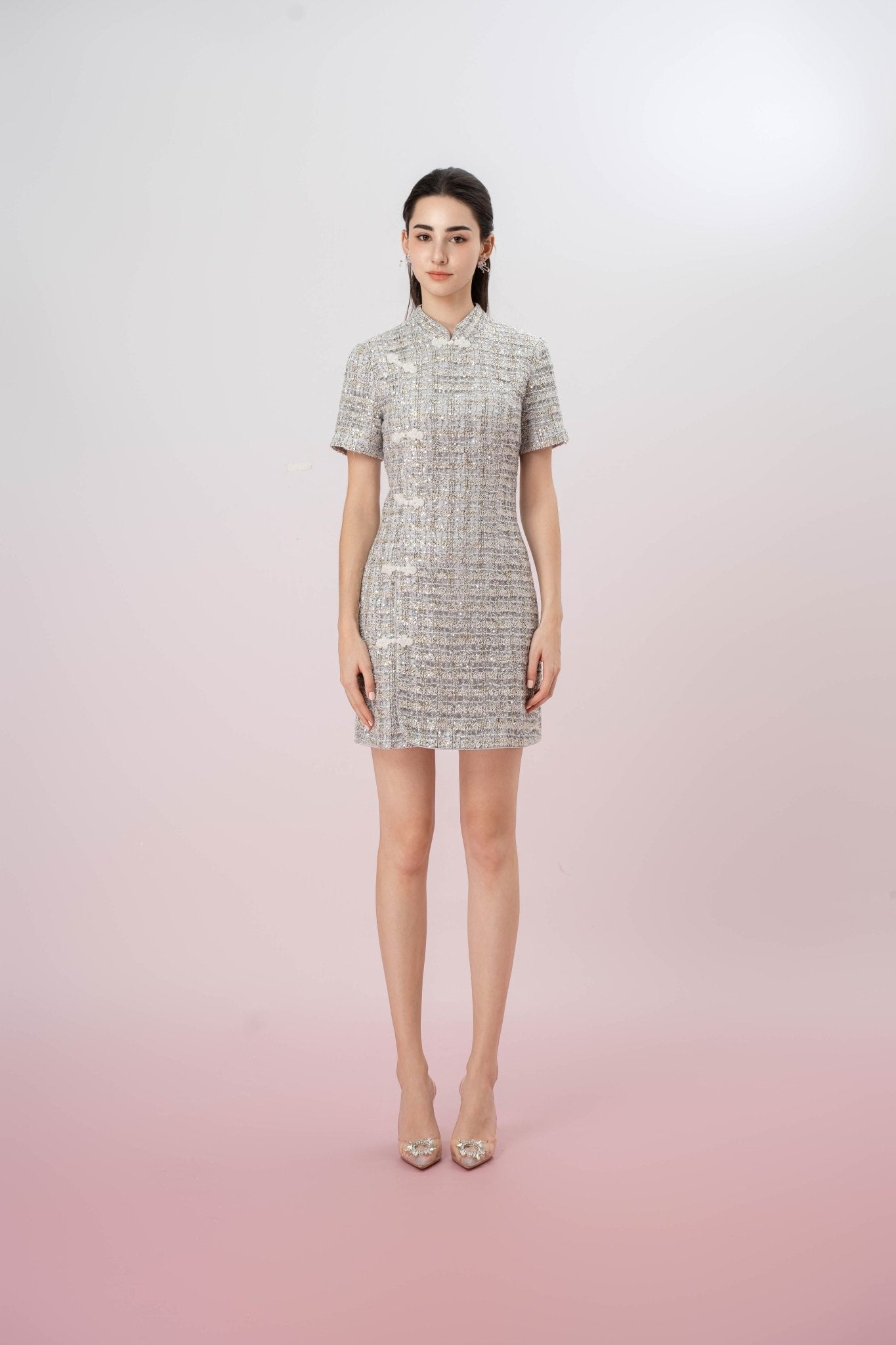 Jaimie Silver Sequin Cheongsam Dress - Nimisski