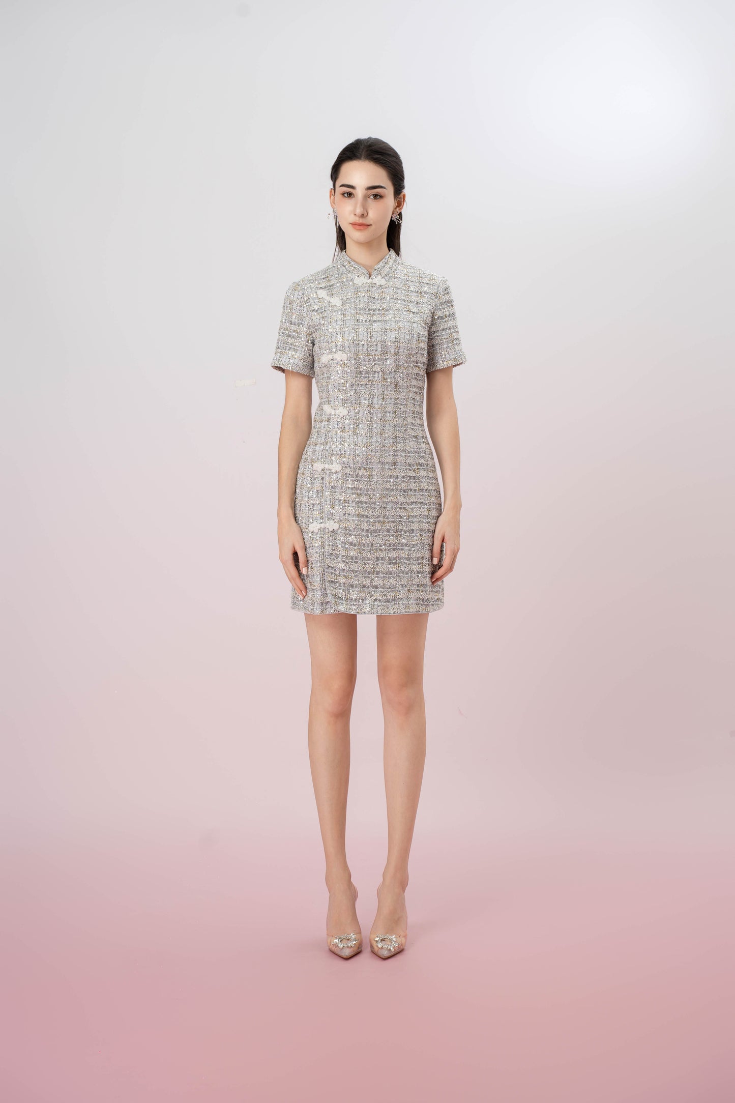 Jaimie Silver Sequin Cheongsam Dress