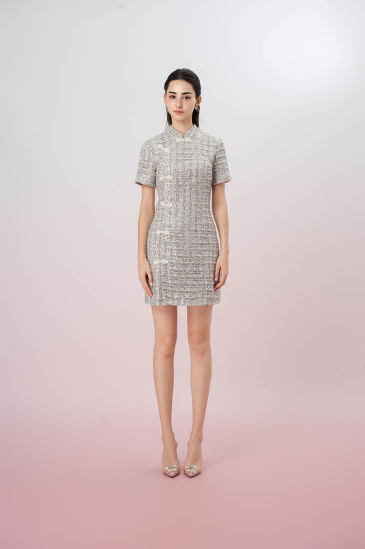 Jaimie Silver Sequin Cheongsam Dress