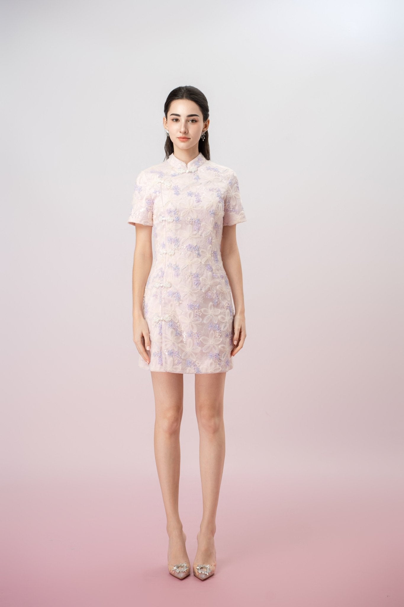 Jaimie Lilac Mesh Flower Cheongsam Dress - Nimisski