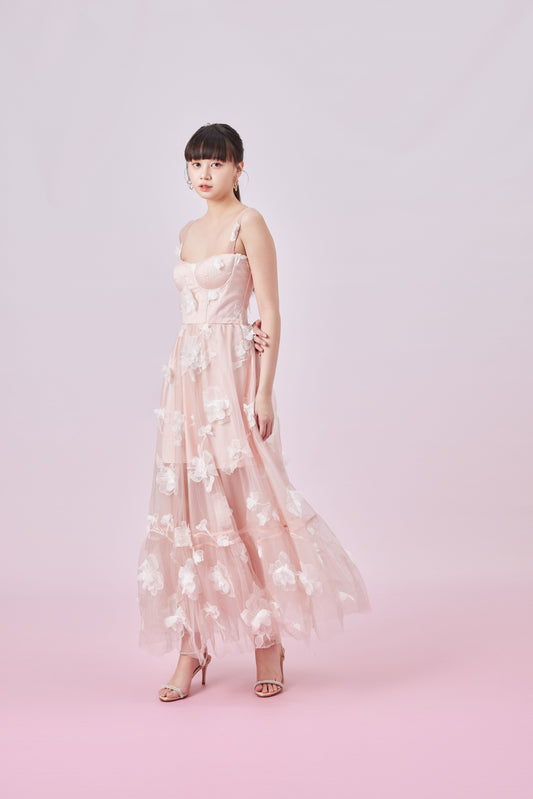 Freddi Pink 3D Flower Long Dress
