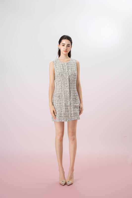 Greeta Silver Sequin White Tweed Button Dress