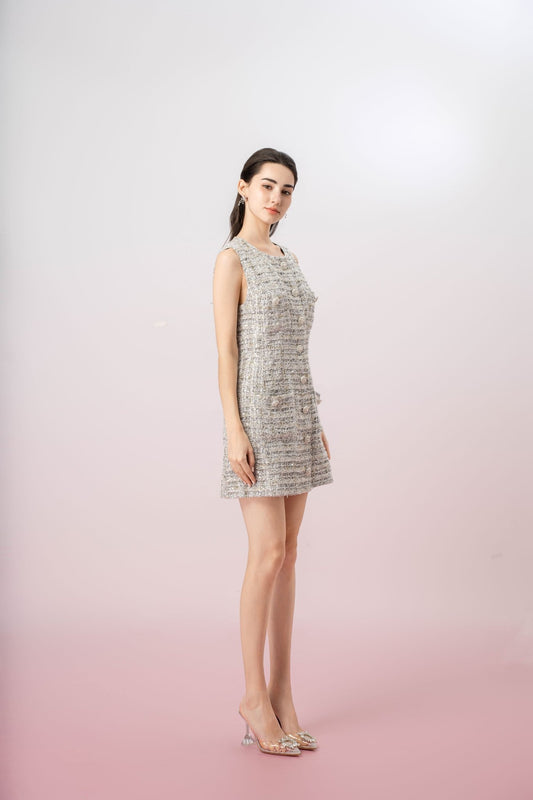Greeta Silver Sequin White Tweed Button Dress - Nimisski
