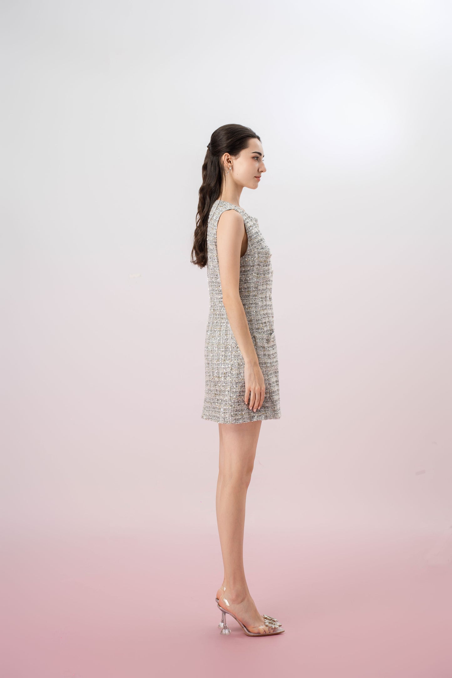 Greeta Silver Sequin White Tweed Button Dress