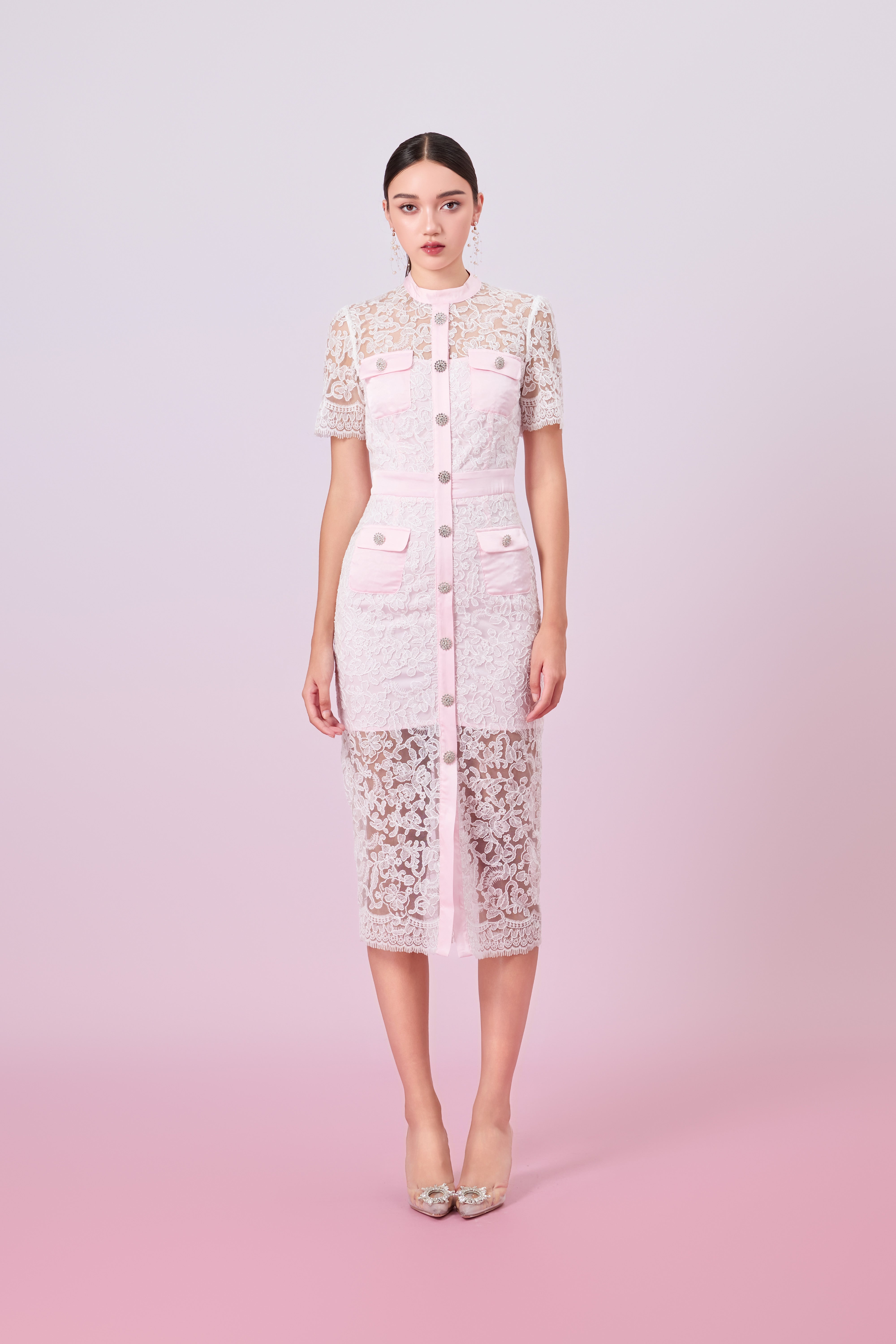 Gavra White Lace With Pink Button Down Dress