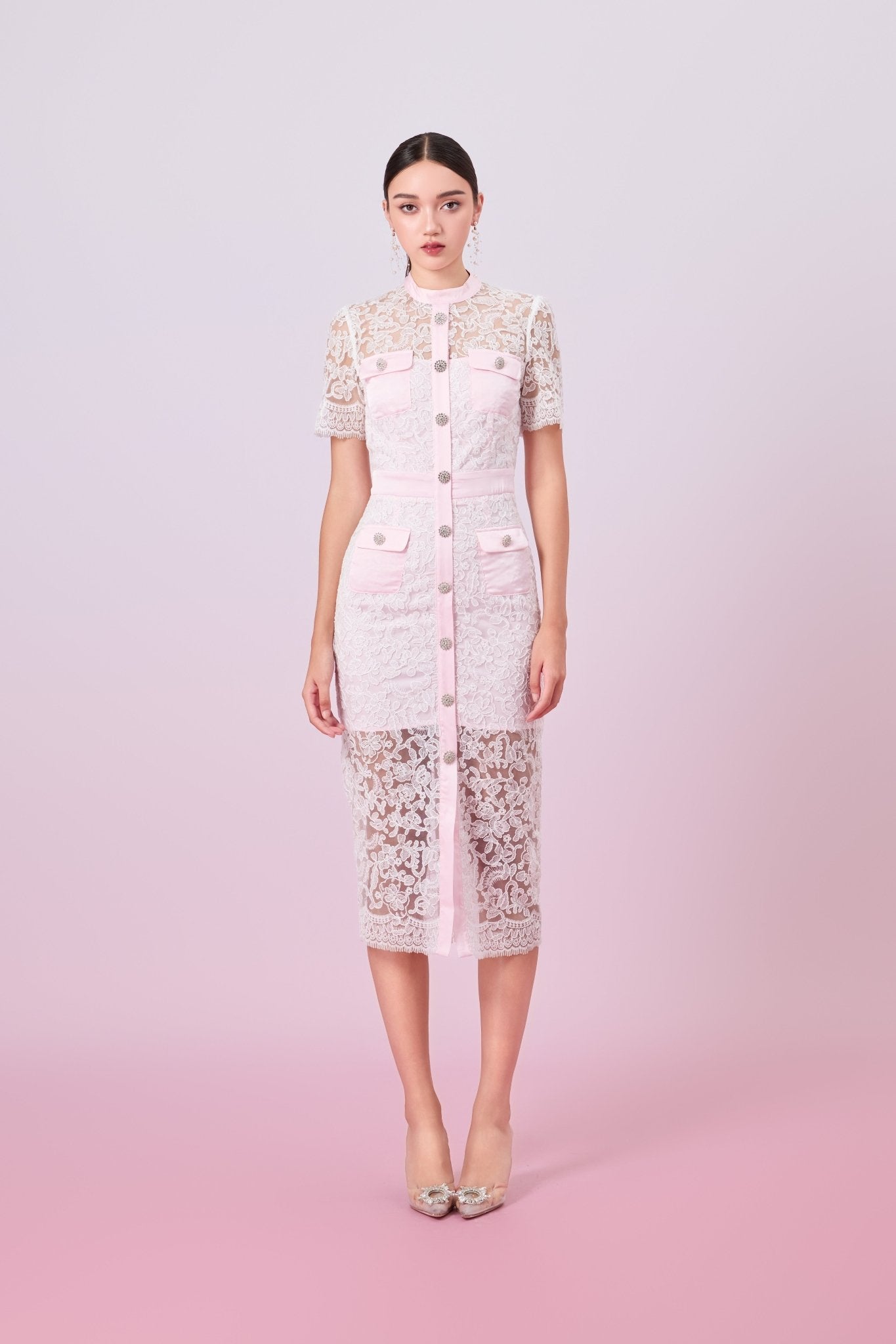 Gavra White Lace With Pink Button Down Dress - Nimisski