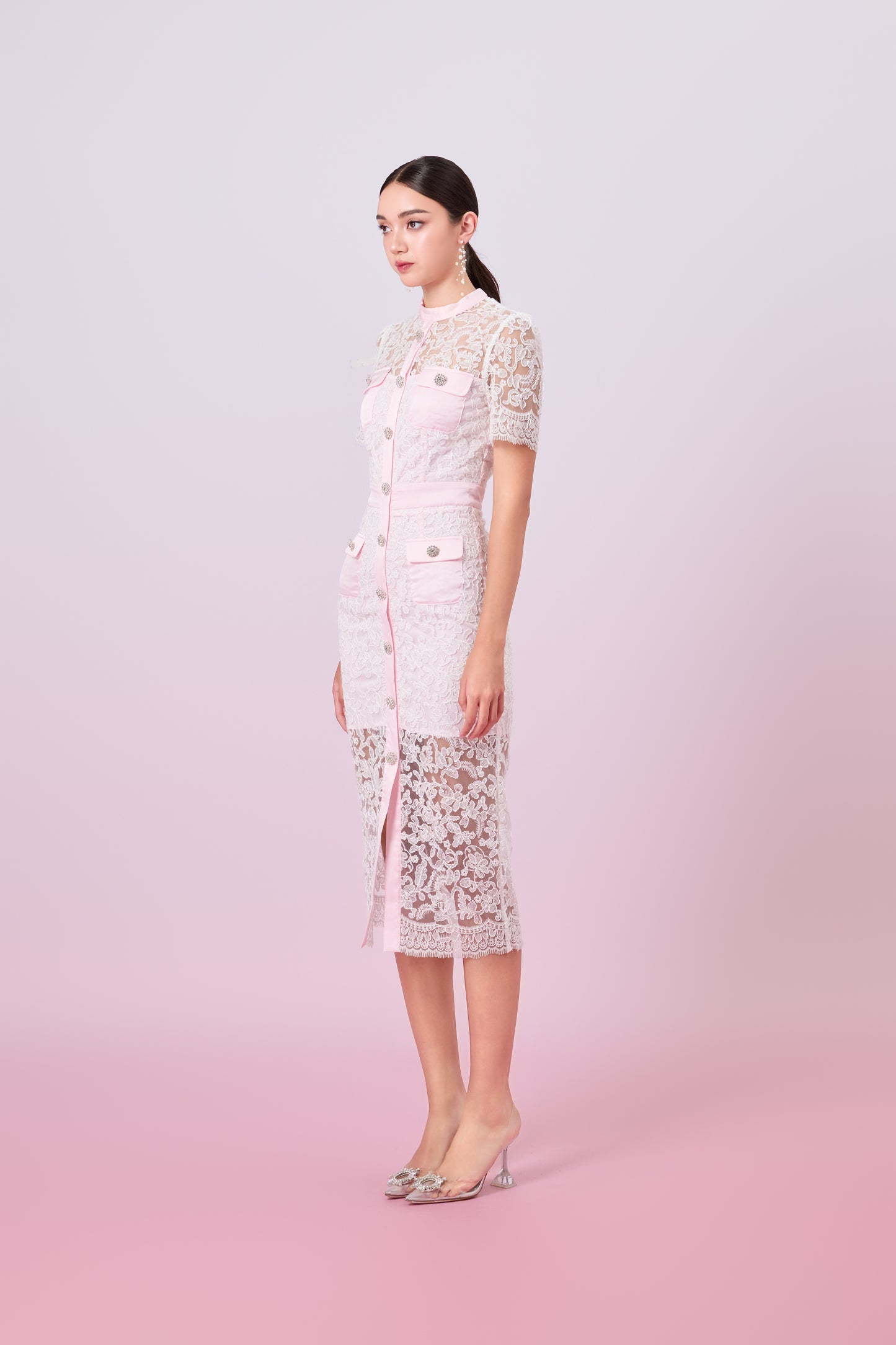 Gavra White Lace With Pink Button Down Dress