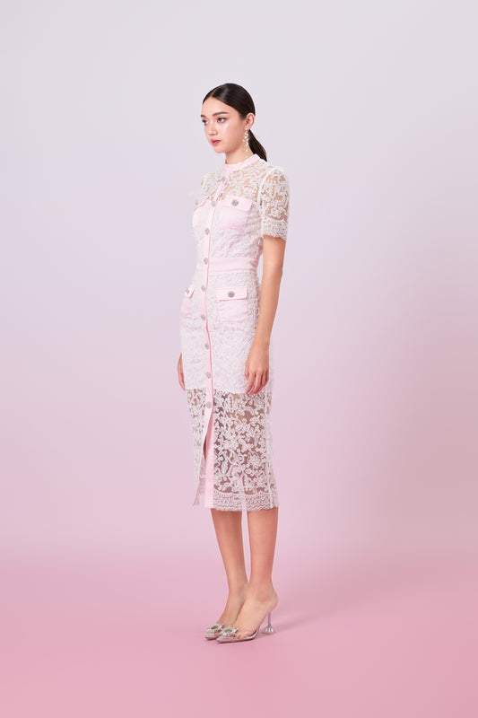 Gavra White Lace With Pink Button Down Dress