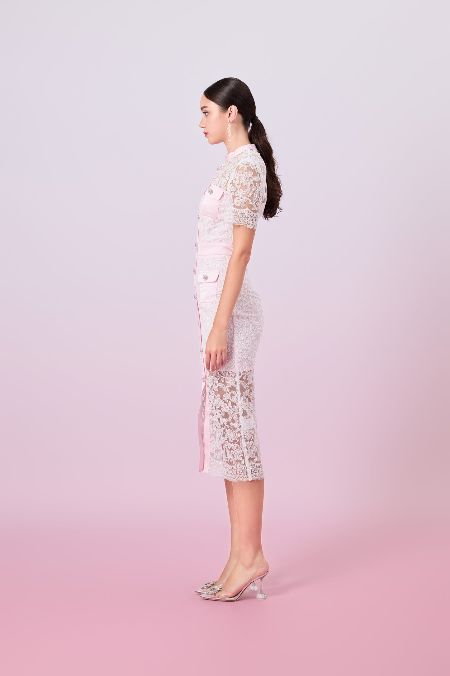 Gavra White Lace With Pink Button Down Dress