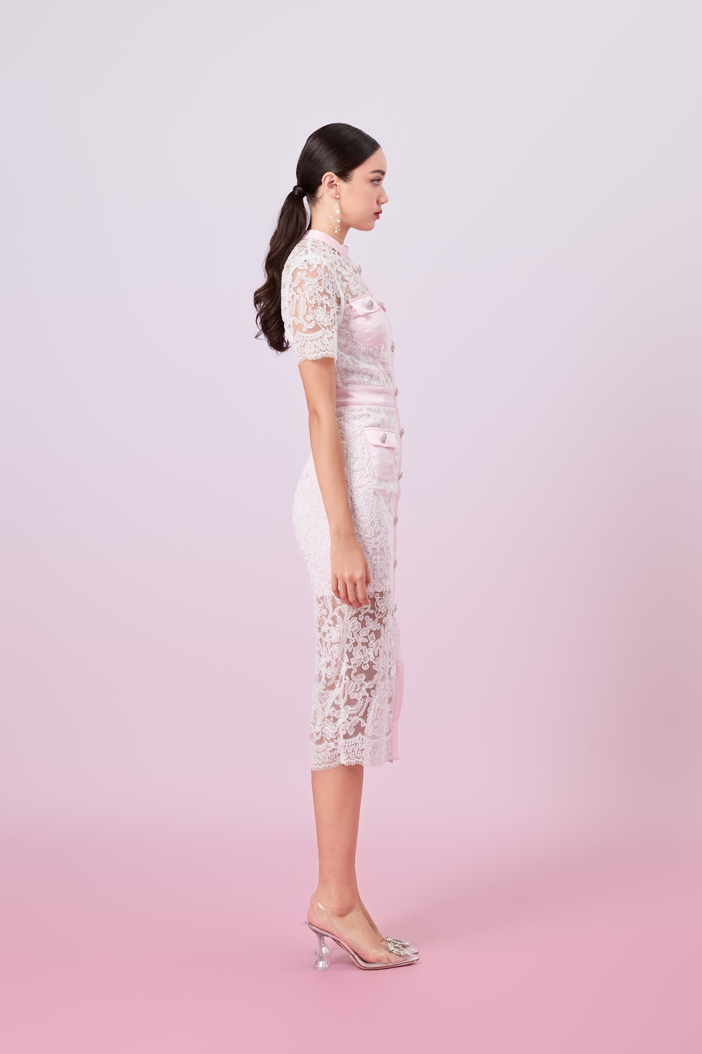 Gavra White Lace With Pink Button Down Dress