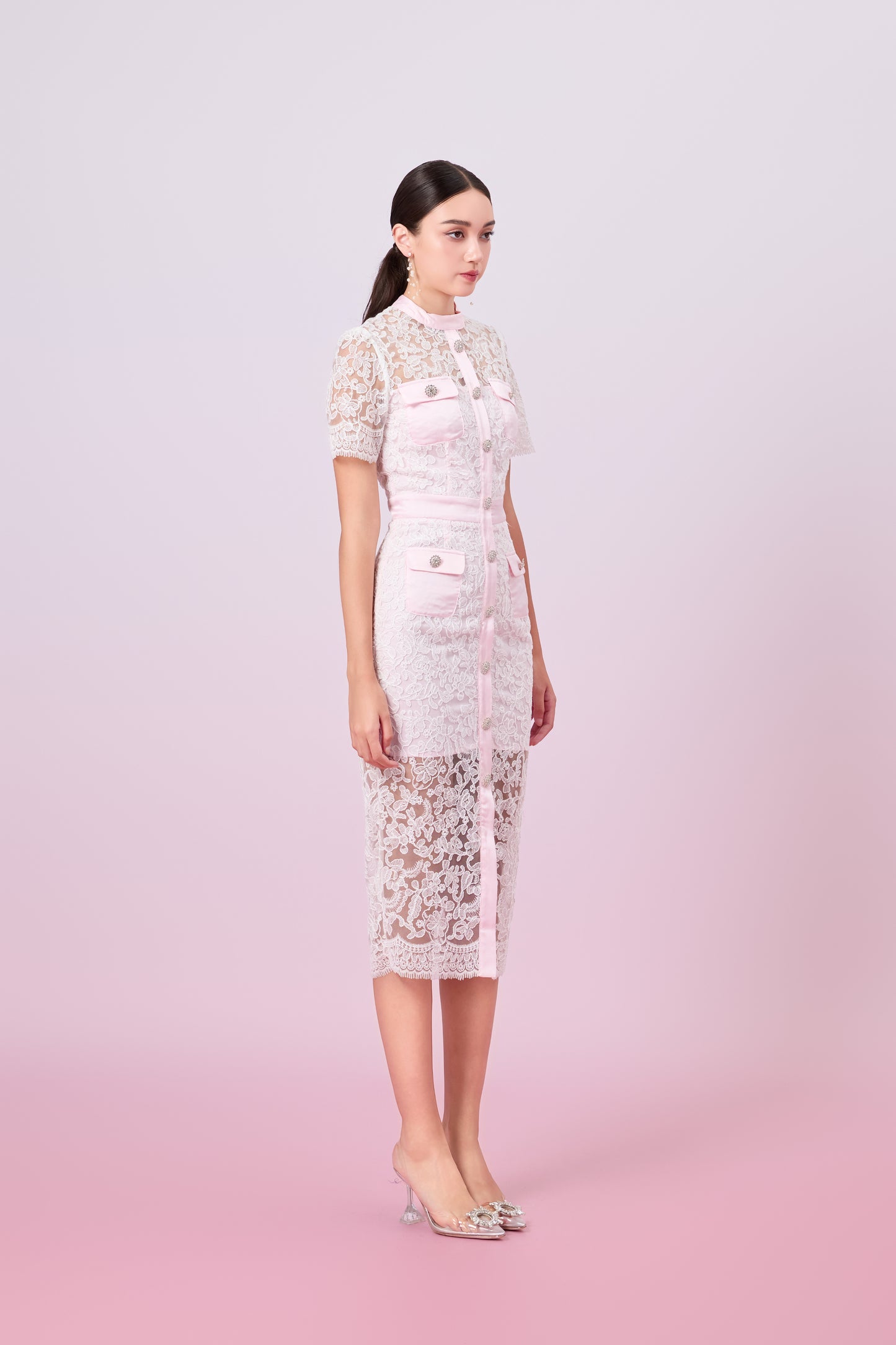 Gavra White Lace With Pink Button Down Dress