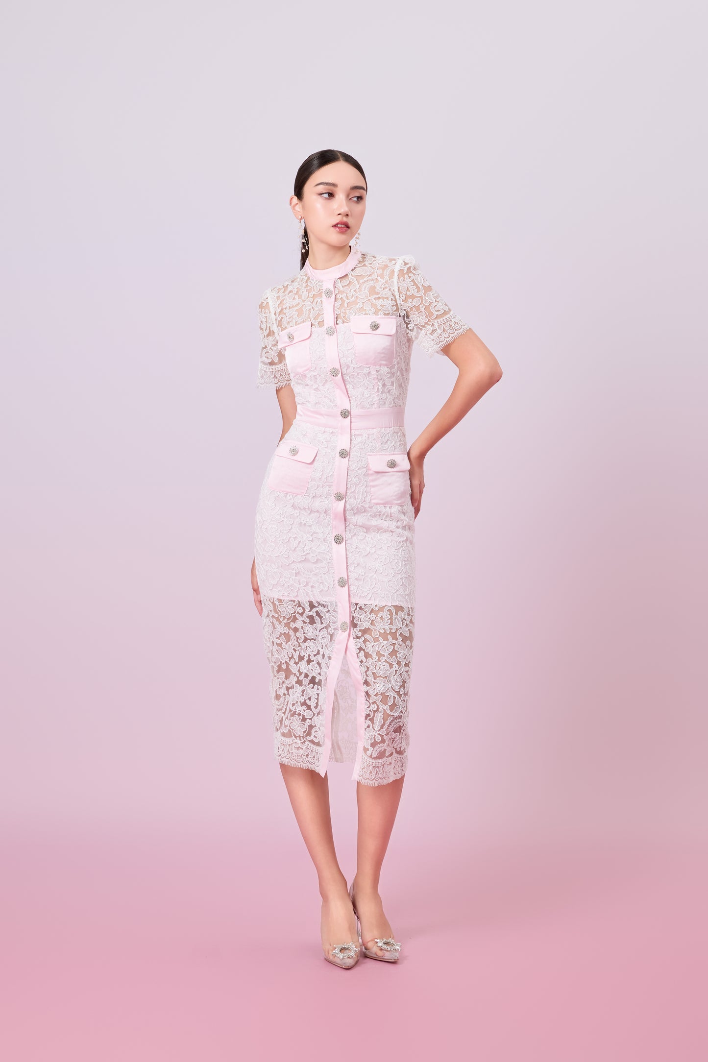 Gavra White Lace With Pink Button Down Dress