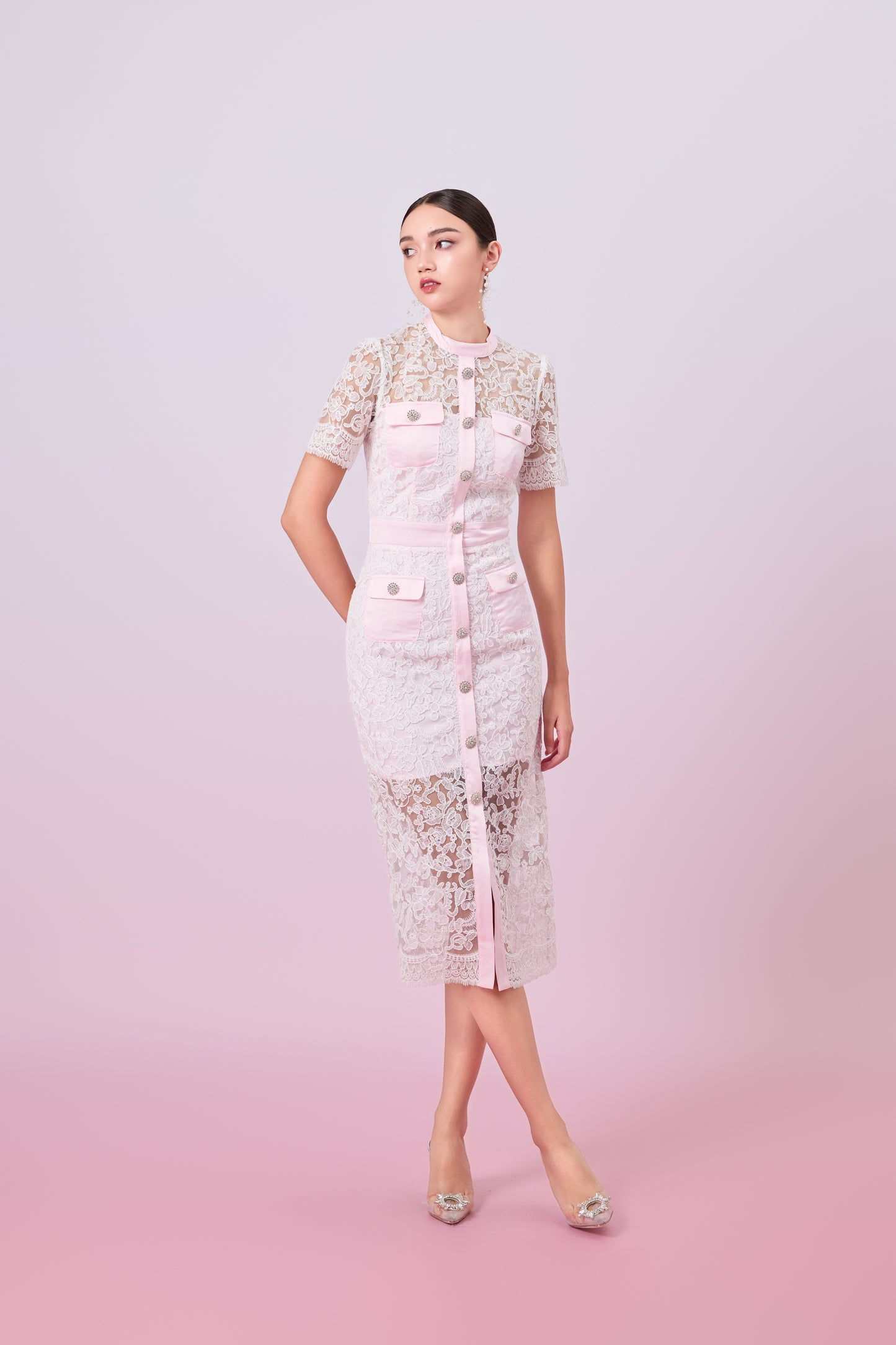 Gavra White Lace With Pink Button Down Dress