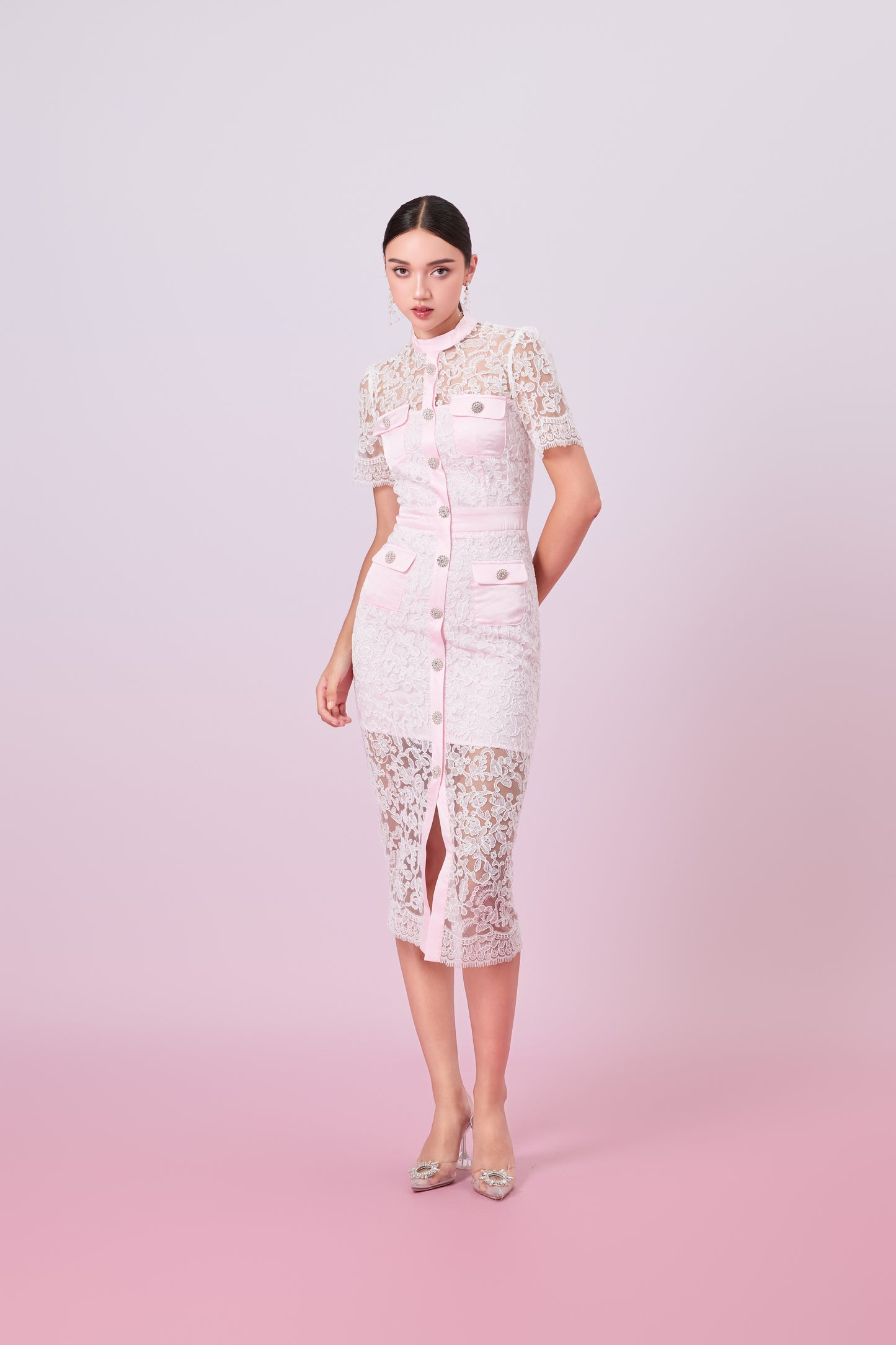 Gavra White Lace With Pink Button Down Dress