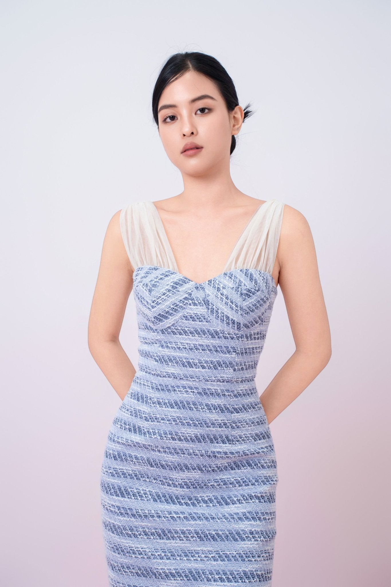 Ganit Blue Padded Tweed Mesh Strap Dress - Nimisski