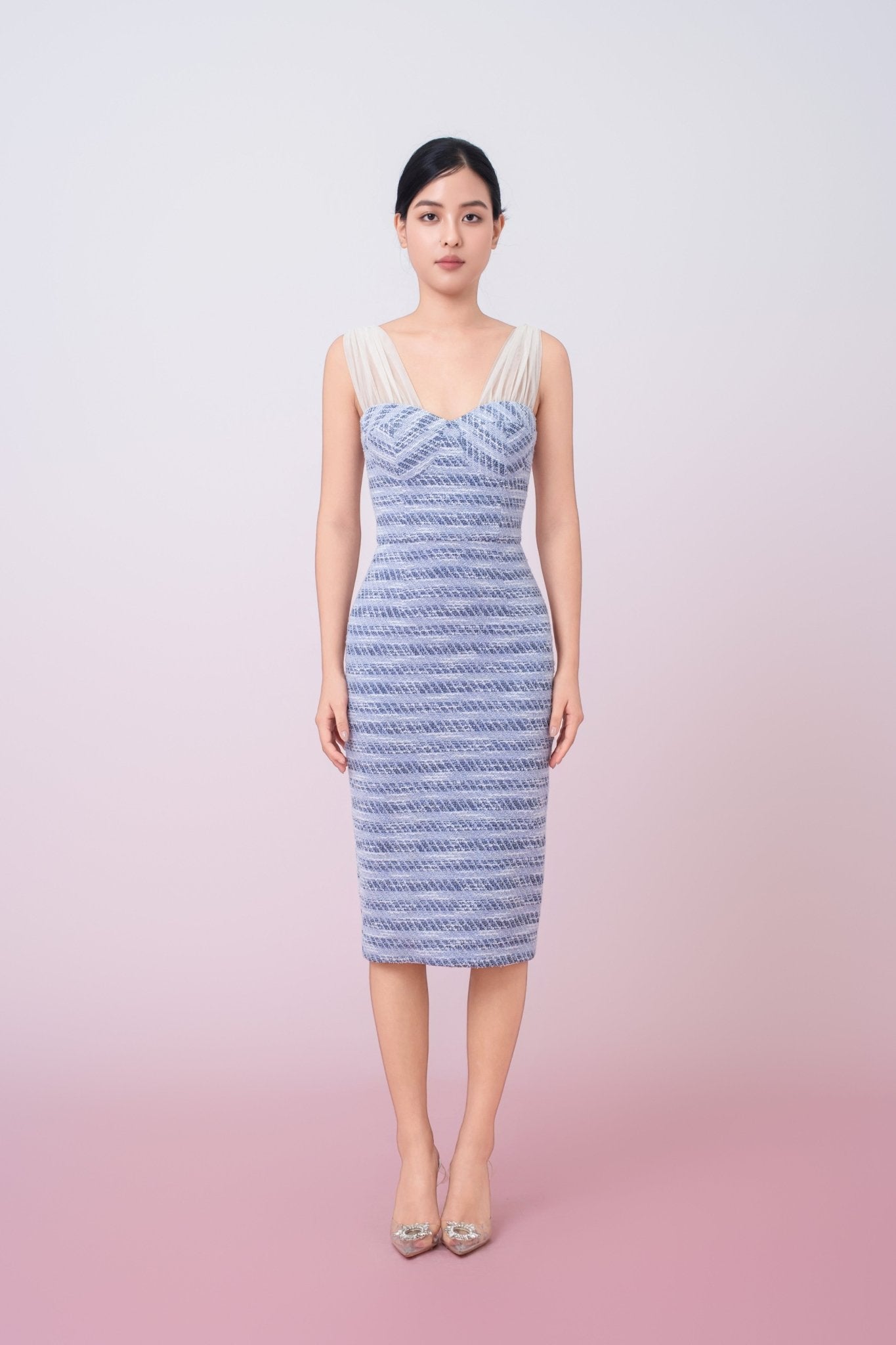 Ganit Blue Padded Tweed Mesh Strap Dress - Nimisski