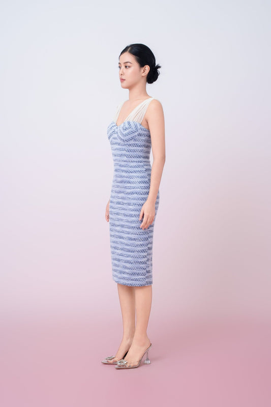Ganit Blue Padded Tweed Mesh Strap Dress - Nimisski