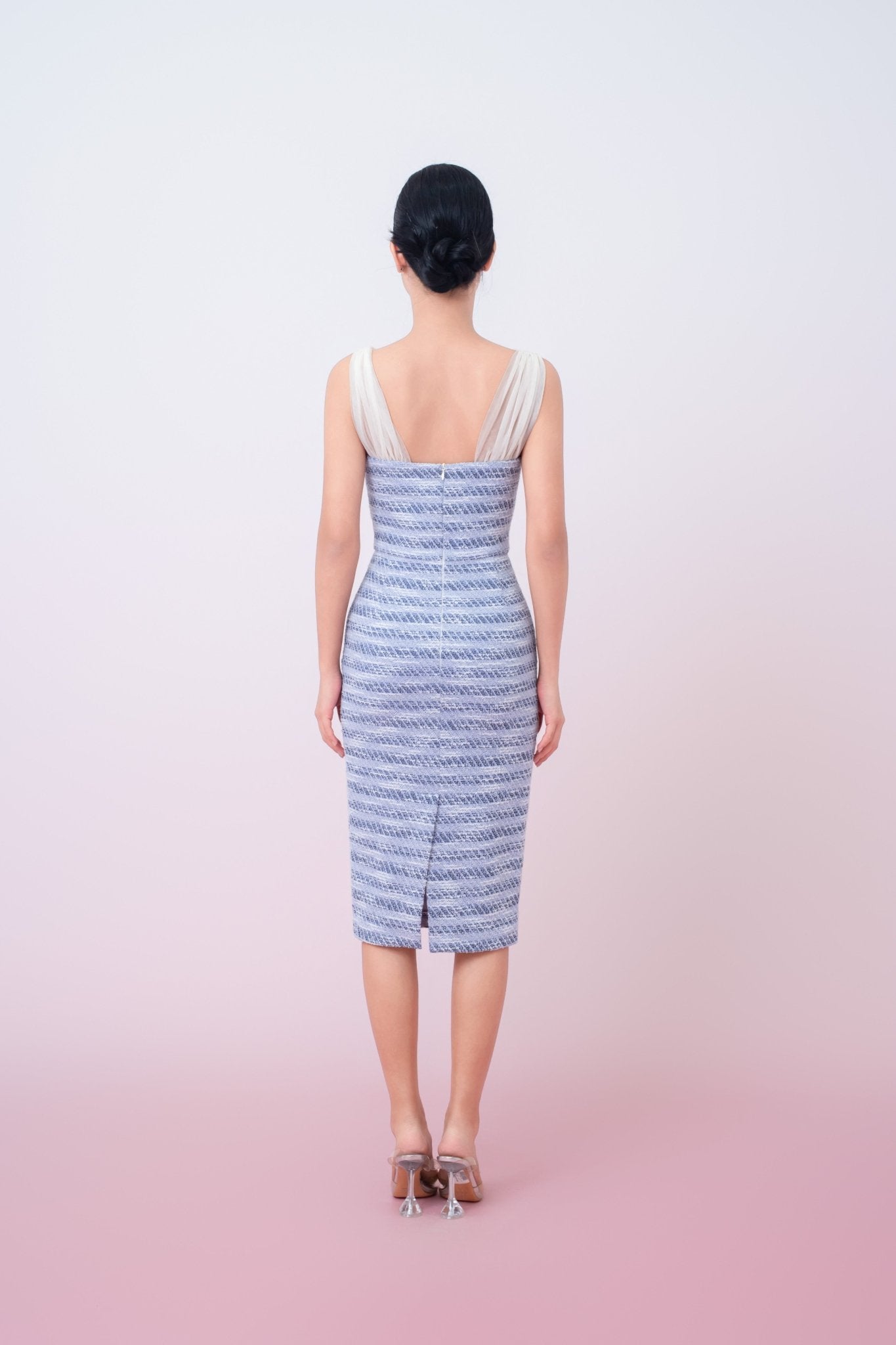 Ganit Blue Padded Tweed Mesh Strap Dress - Nimisski