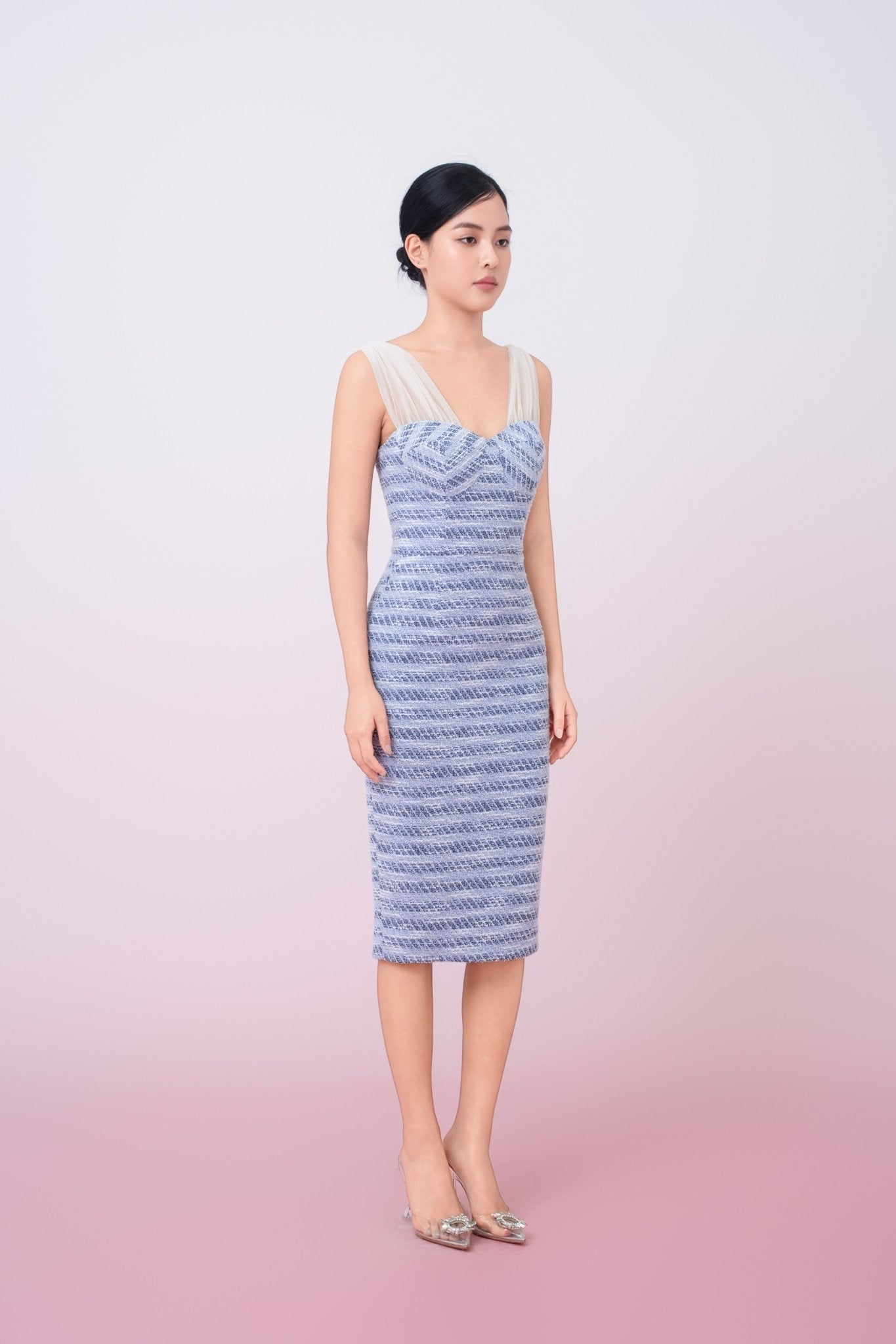 Ganit Blue Padded Tweed Mesh Strap Dress - Nimisski