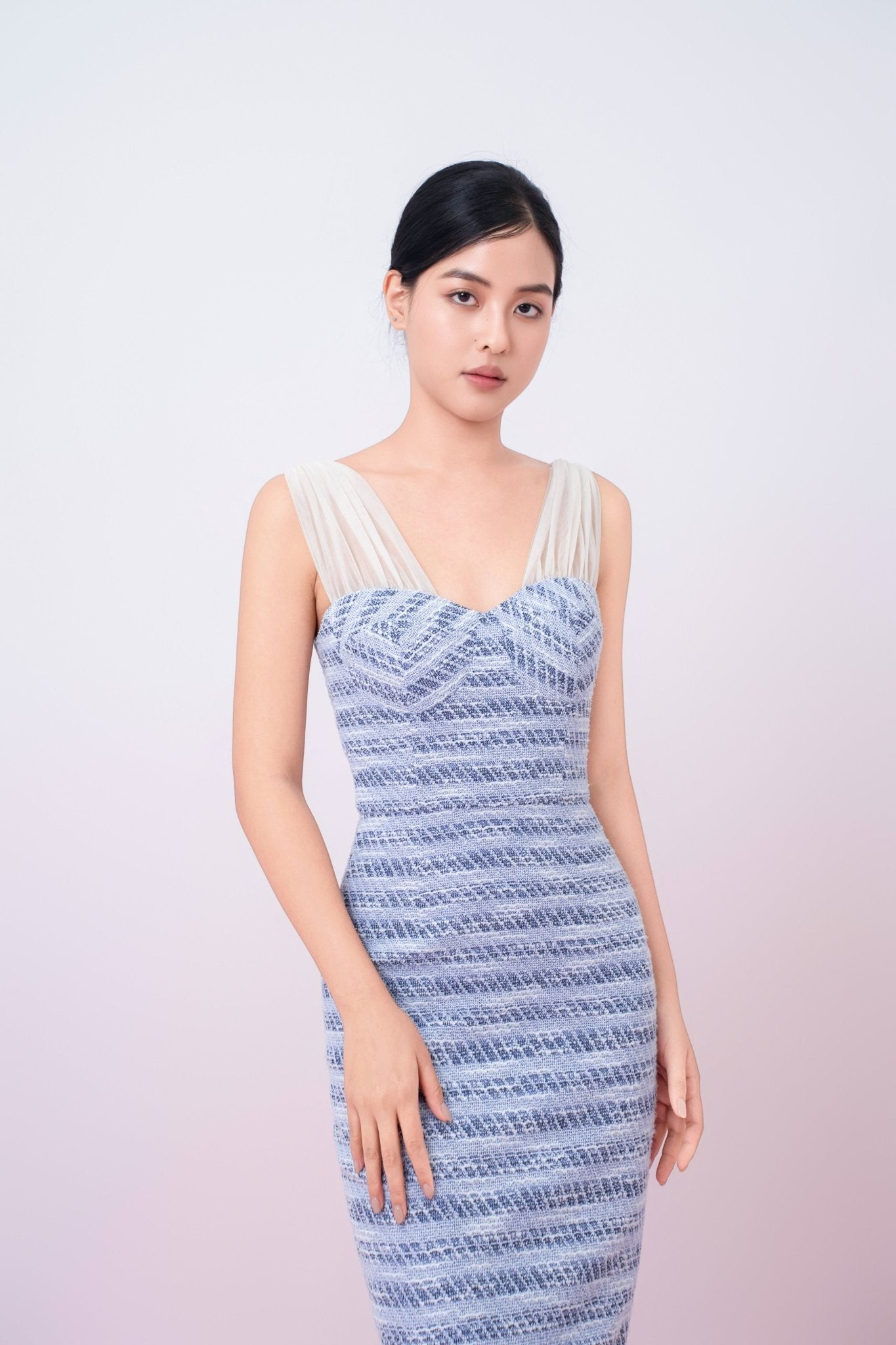 Ganit Blue Padded Tweed Mesh Strap Dress - Nimisski