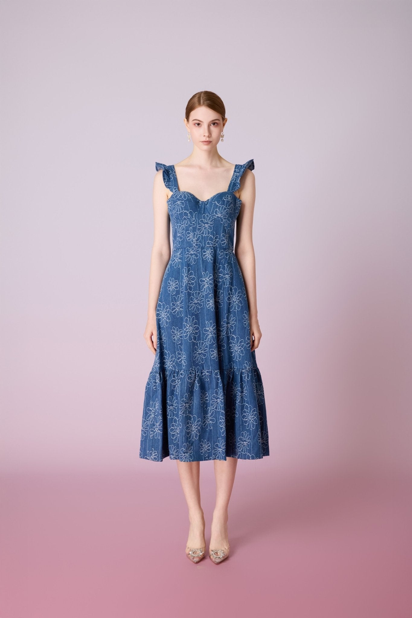 Jacque Blue Denim With Floral Embroidery Dress - Nimisski
