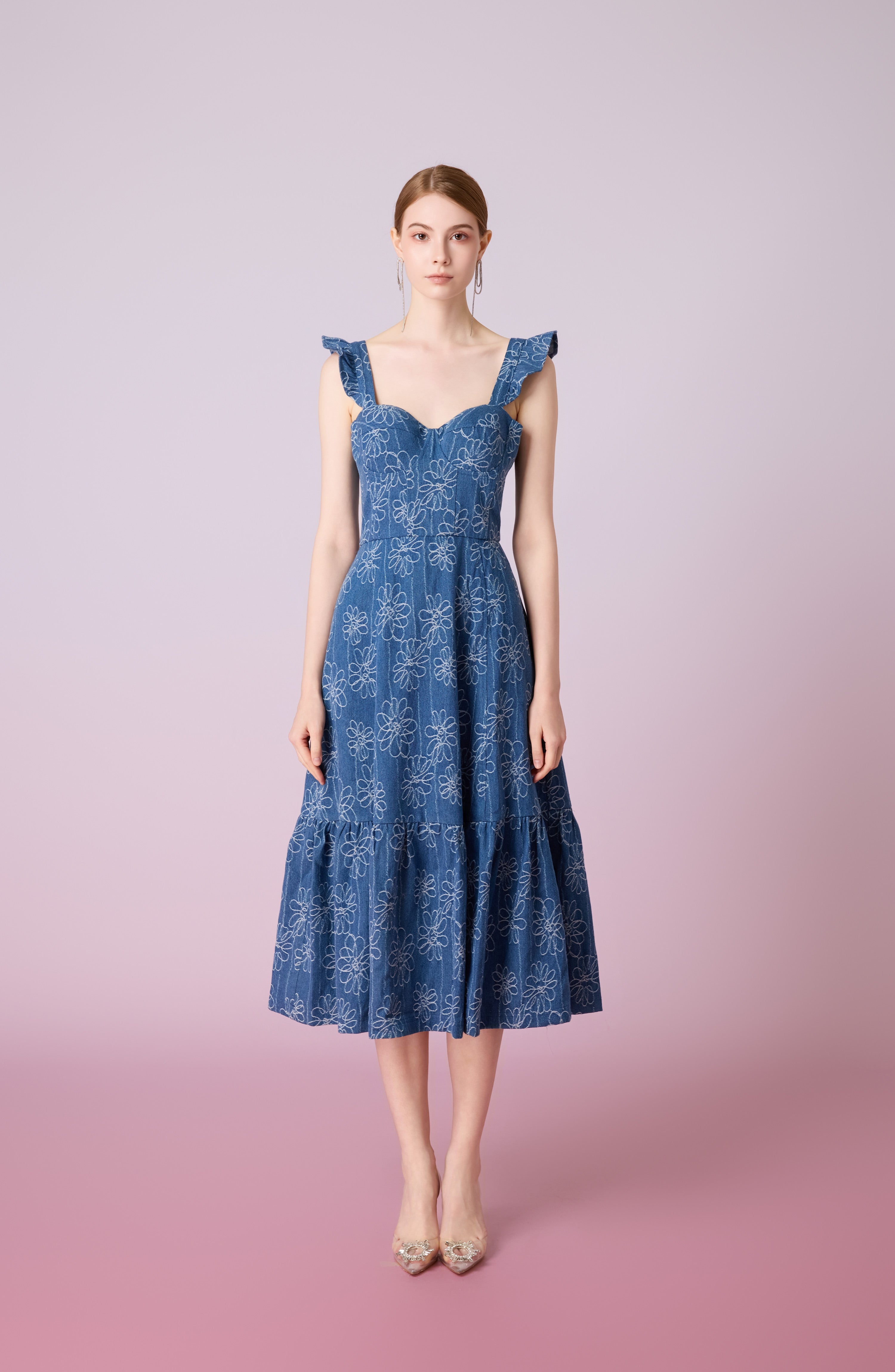 Jacque Blue Denim With Floral Embroidery Dress
