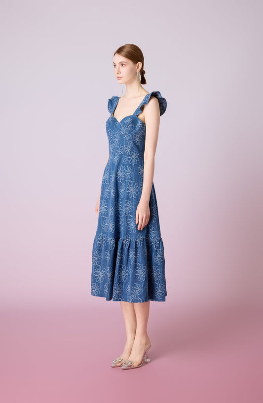 Jacque Blue Denim With Floral Embroidery Dress - Nimisski
