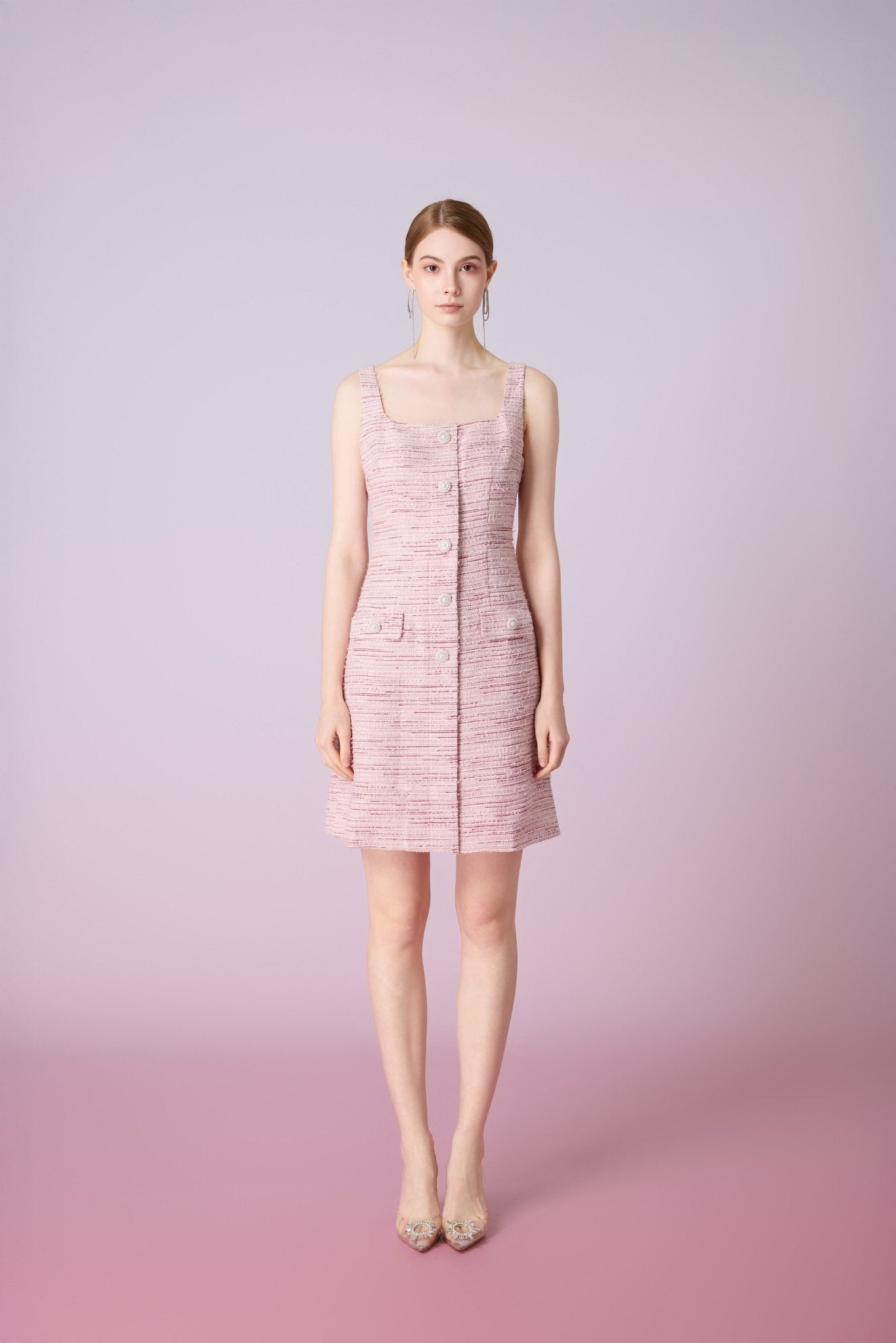 Joelynn Pink Tweed Front Button Dress - Nimisski