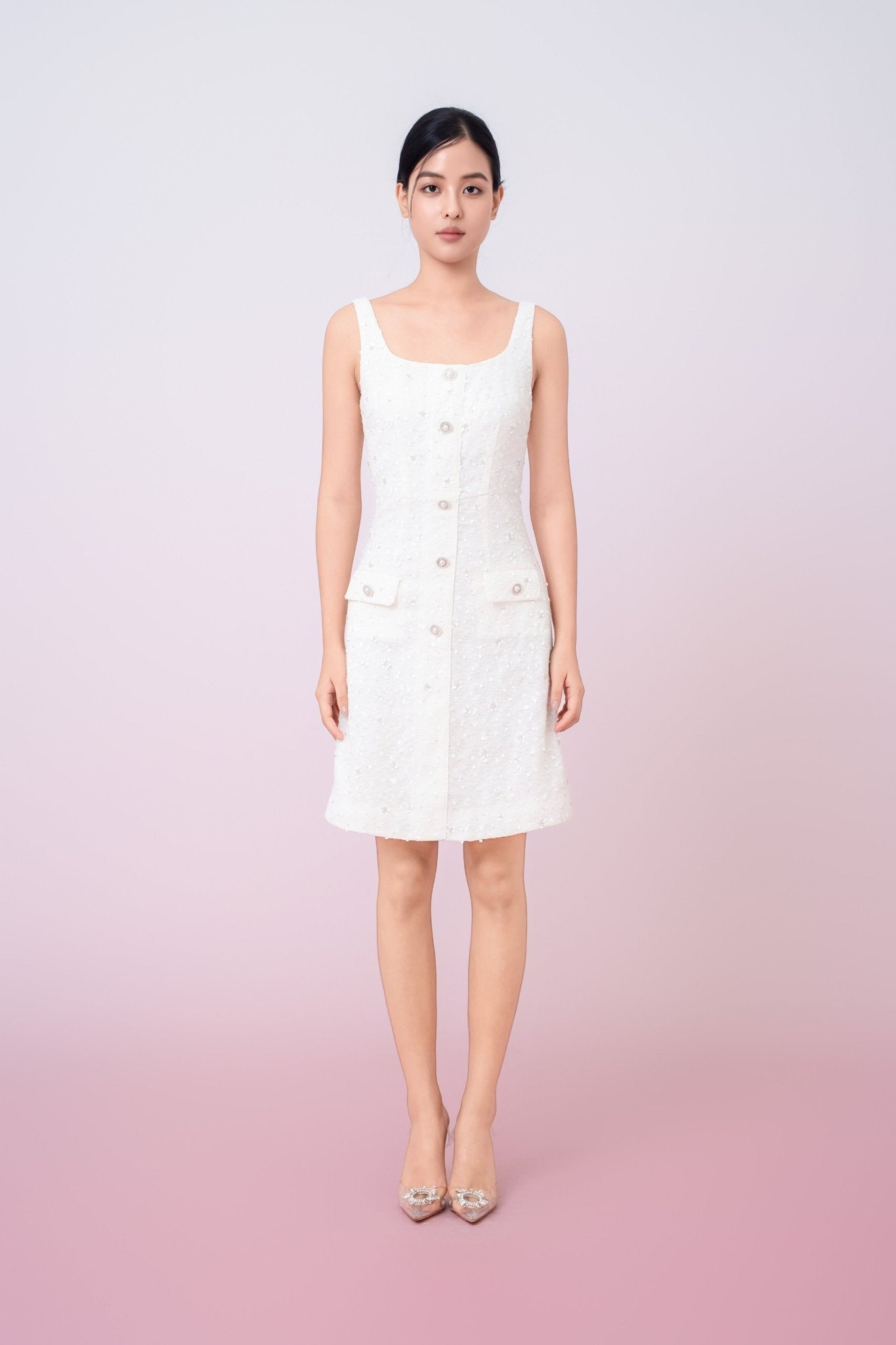 Joelynn Ivory Tweed With Embroidered Front Button Dress - Nimisski
