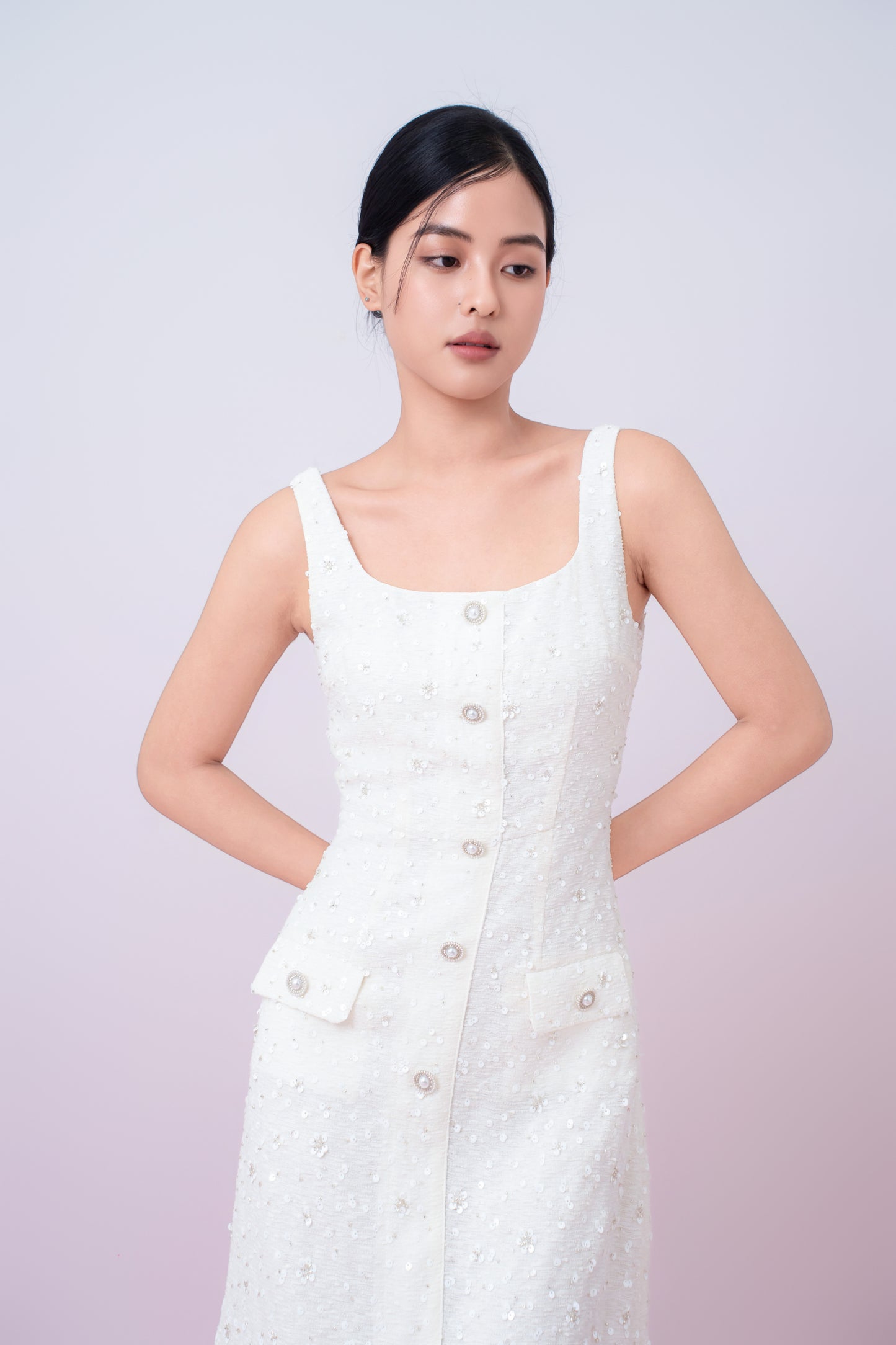 Joelynn Ivory Tweed With Embroidered Front Button Dress